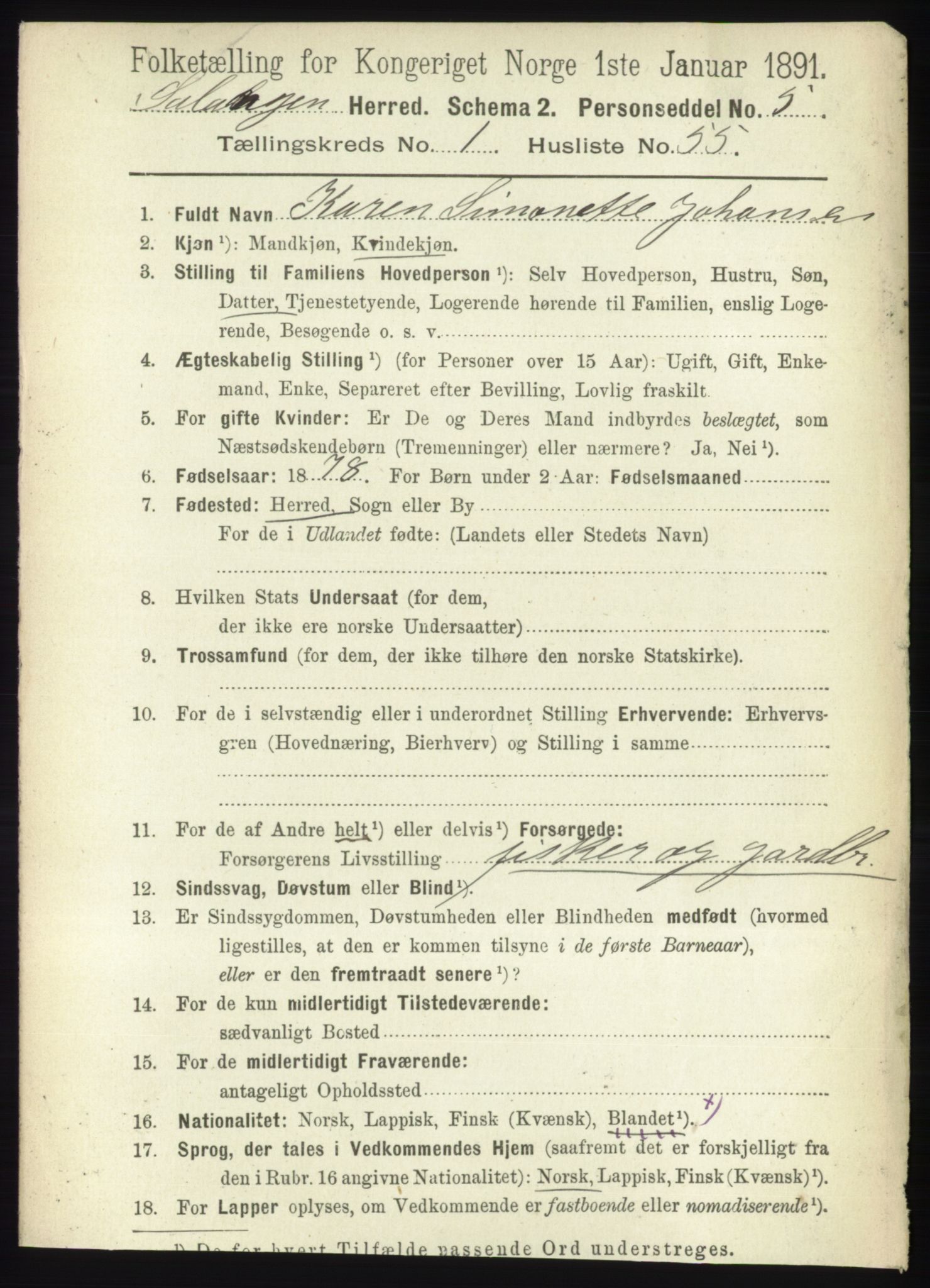 RA, 1891 census for 1921 Salangen, 1891, p. 472