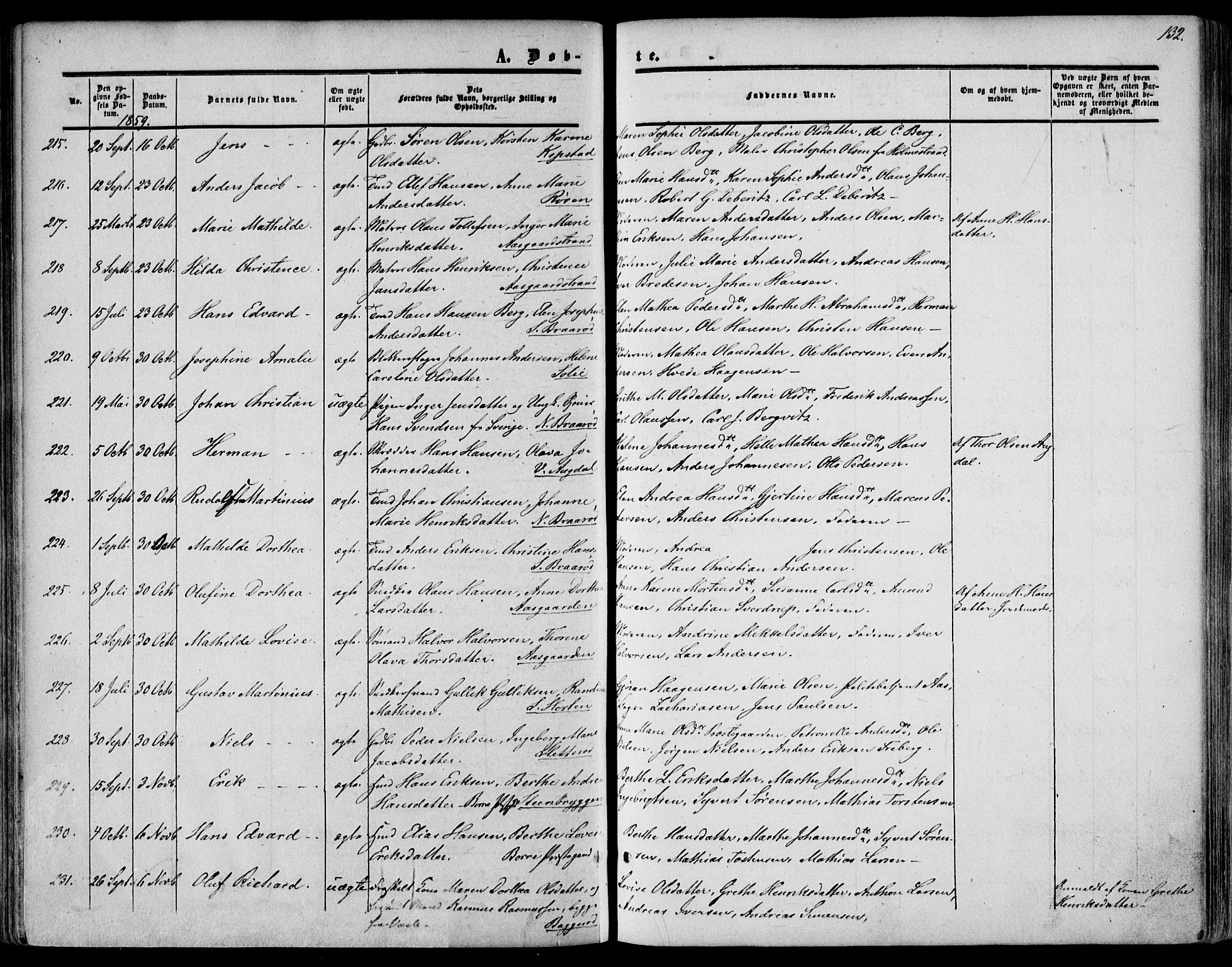 Borre kirkebøker, AV/SAKO-A-338/F/Fa/L0006: Parish register (official) no. I 6, 1852-1862, p. 132