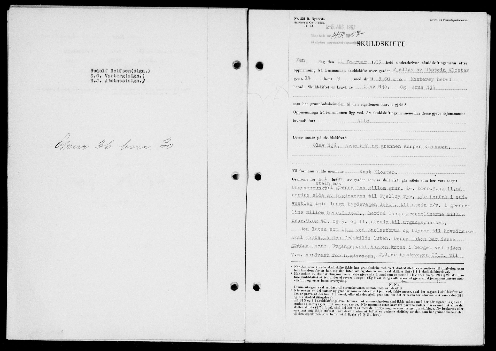 Ryfylke tingrett, SAST/A-100055/001/II/IIB/L0139: Mortgage book no. 118, 1957-1957, Diary no: : 1450/1957