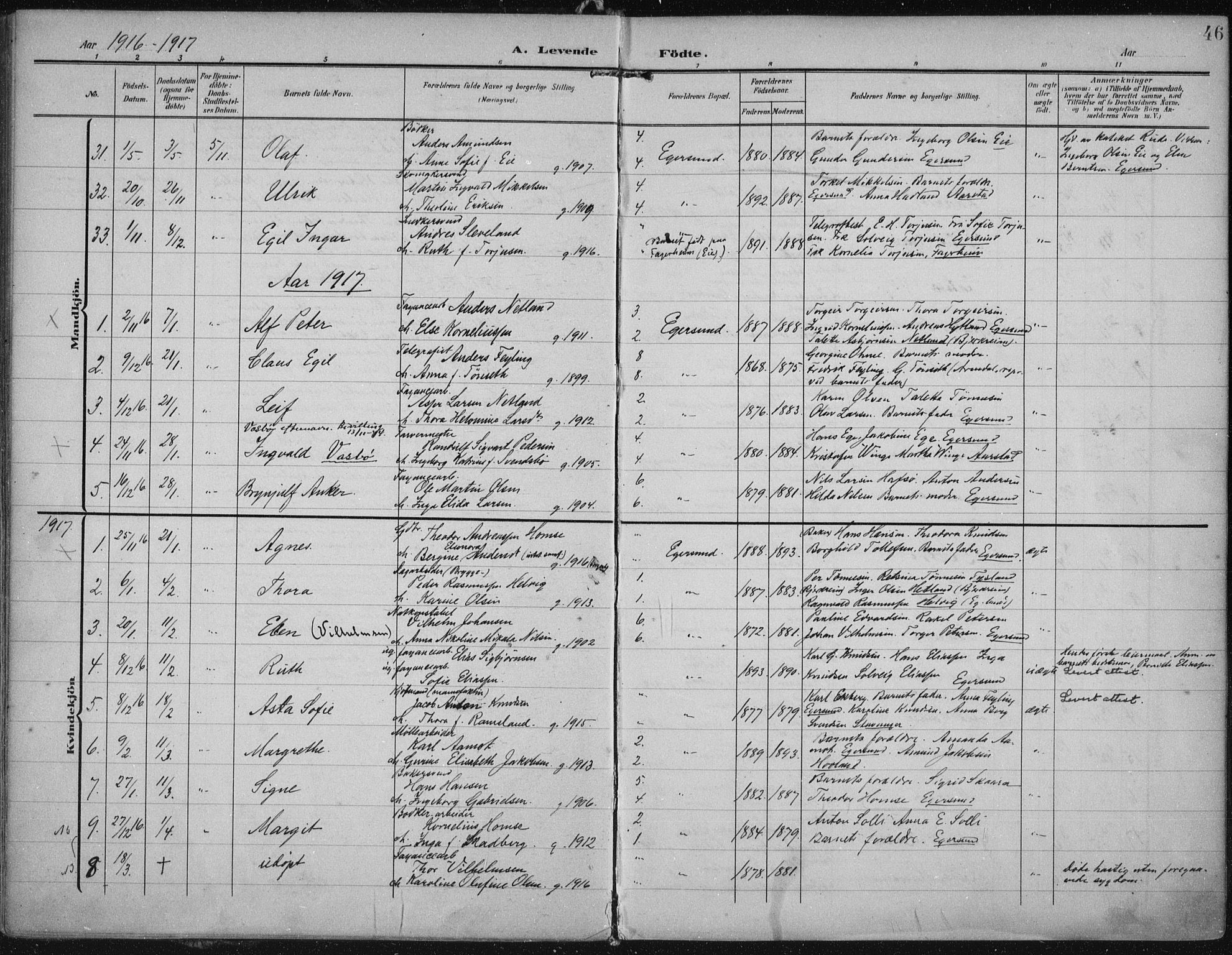 Eigersund sokneprestkontor, SAST/A-101807/S08/L0022: Parish register (official) no. A 21, 1905-1928, p. 46