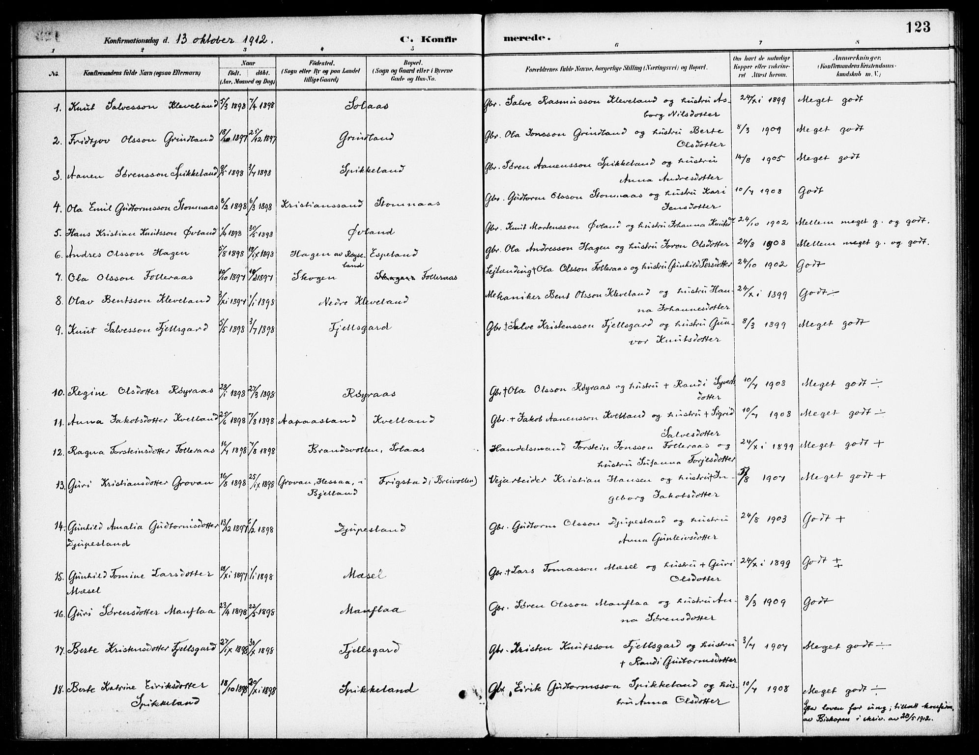Bjelland sokneprestkontor, SAK/1111-0005/F/Fa/Fab/L0004: Parish register (official) no. A 4, 1887-1920, p. 123