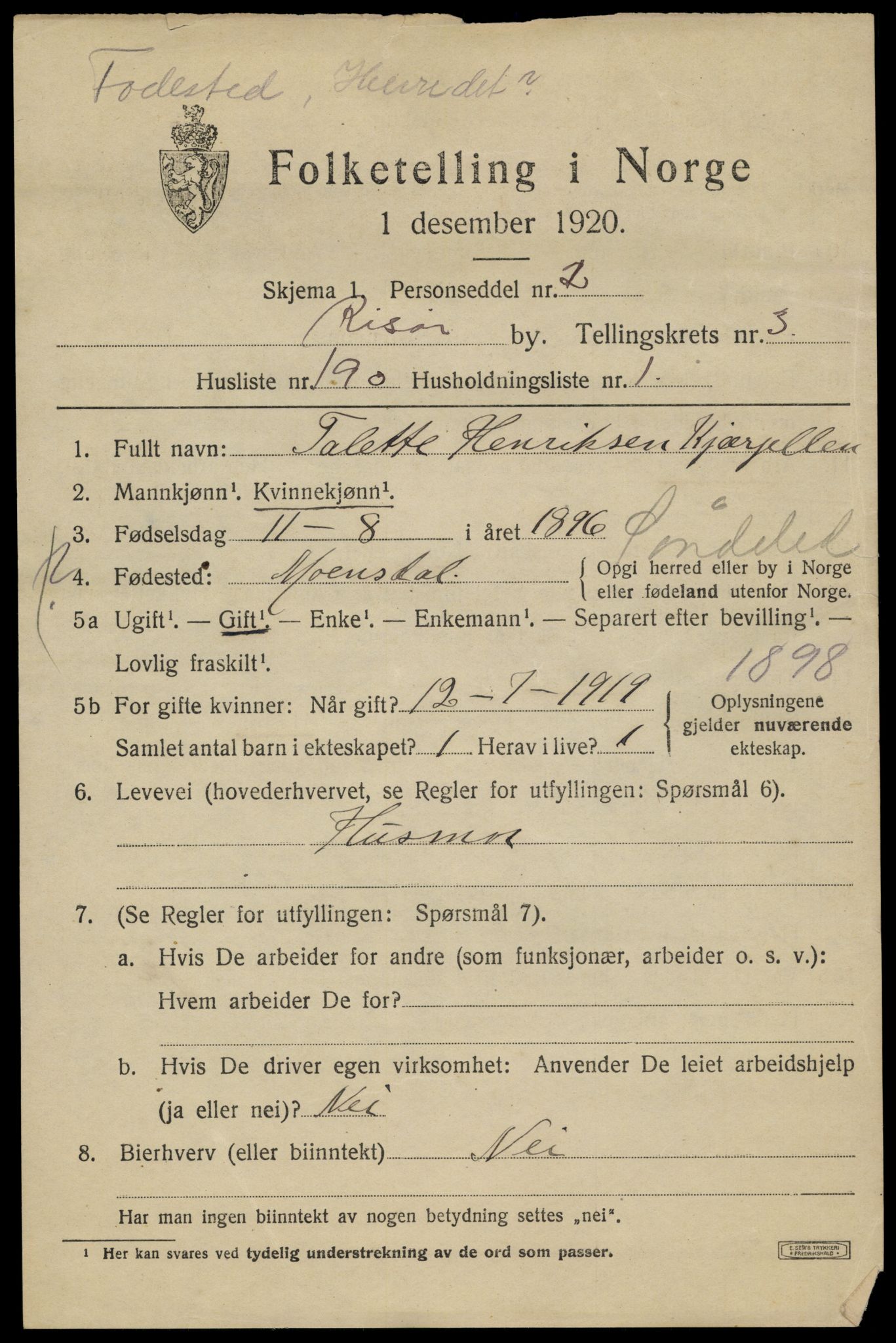 SAK, 1920 census for Risør, 1920, p. 9537