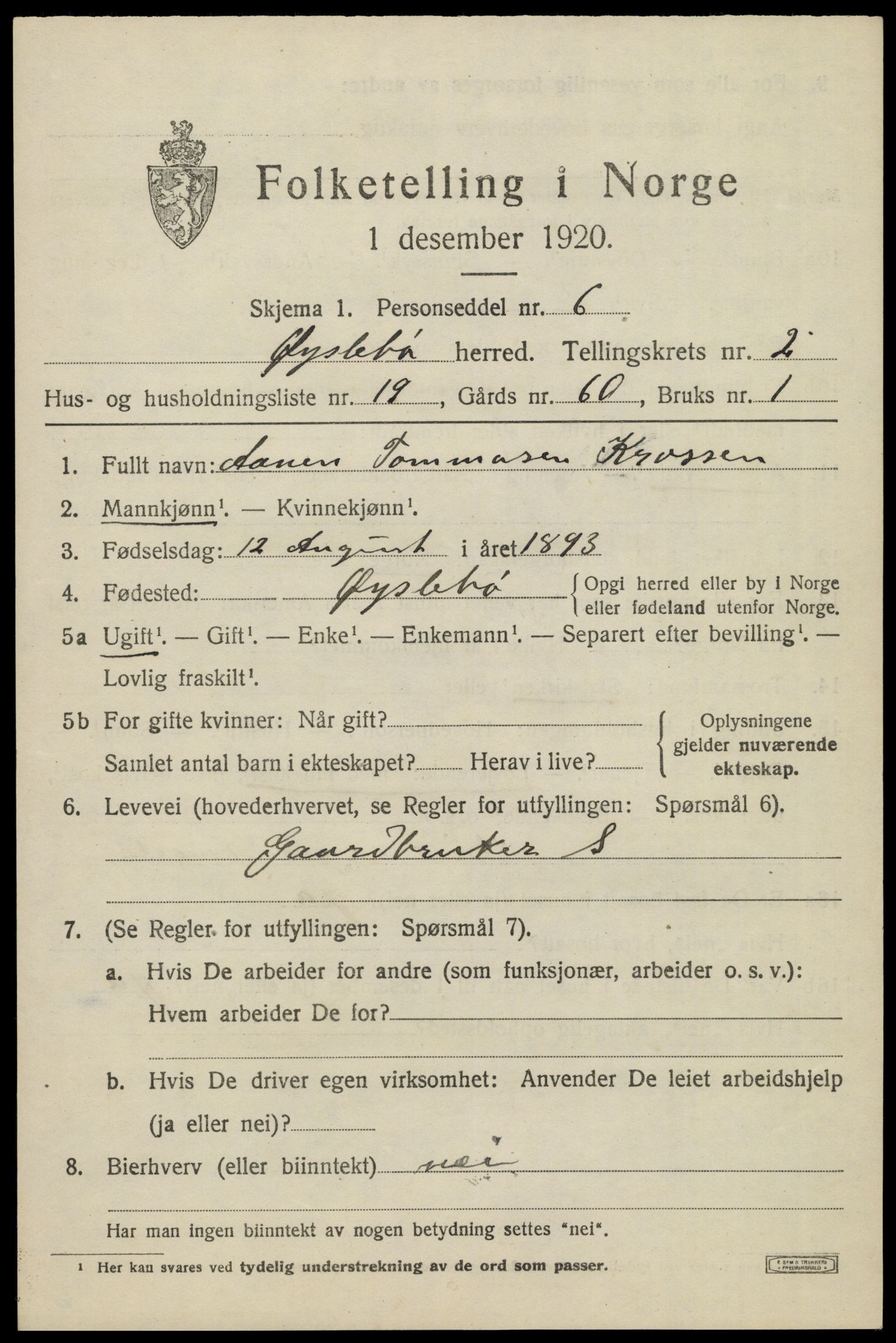 SAK, 1920 census for Øyslebø, 1920, p. 904