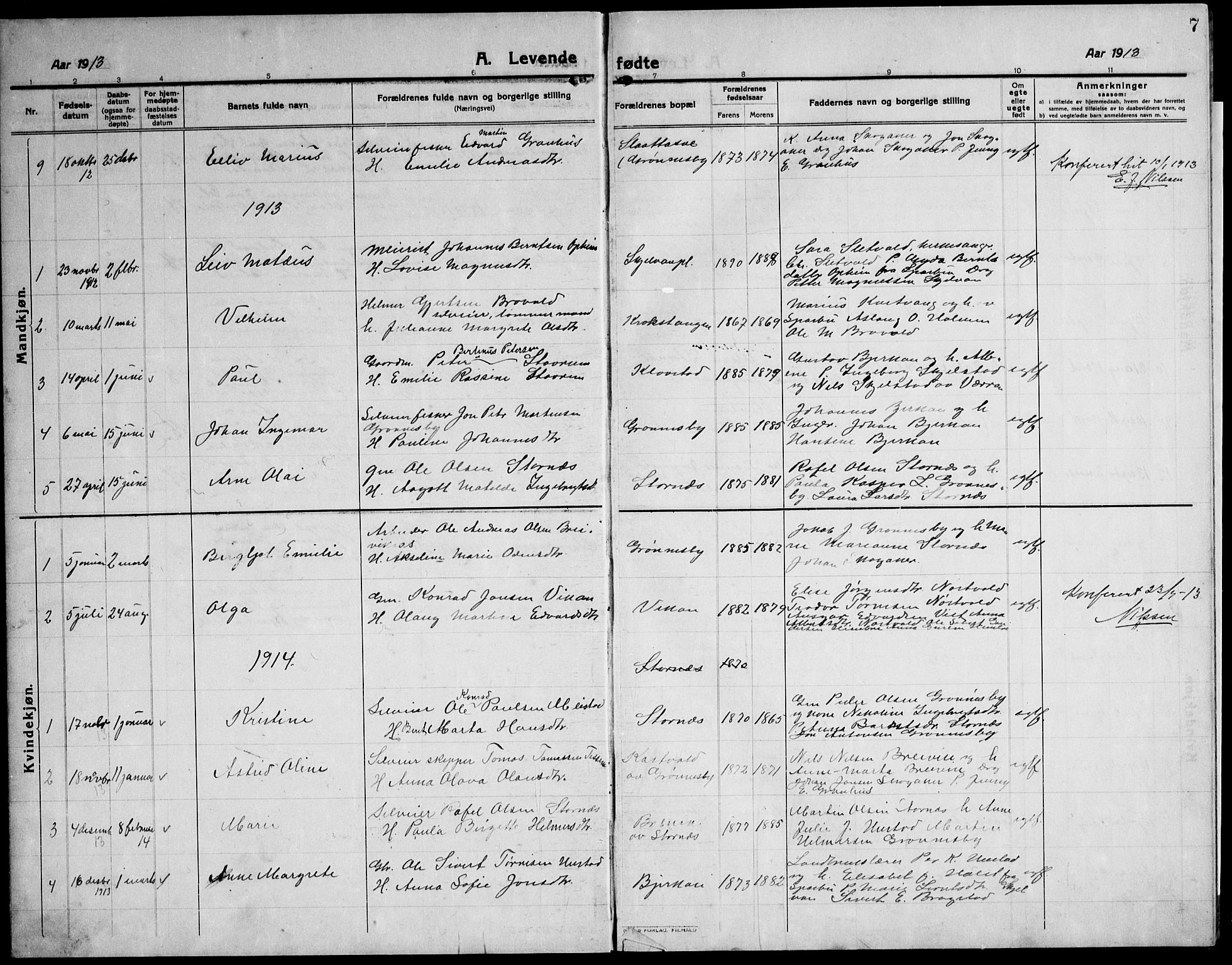 Ministerialprotokoller, klokkerbøker og fødselsregistre - Nord-Trøndelag, SAT/A-1458/732/L0319: Parish register (copy) no. 732C03, 1911-1945, p. 7
