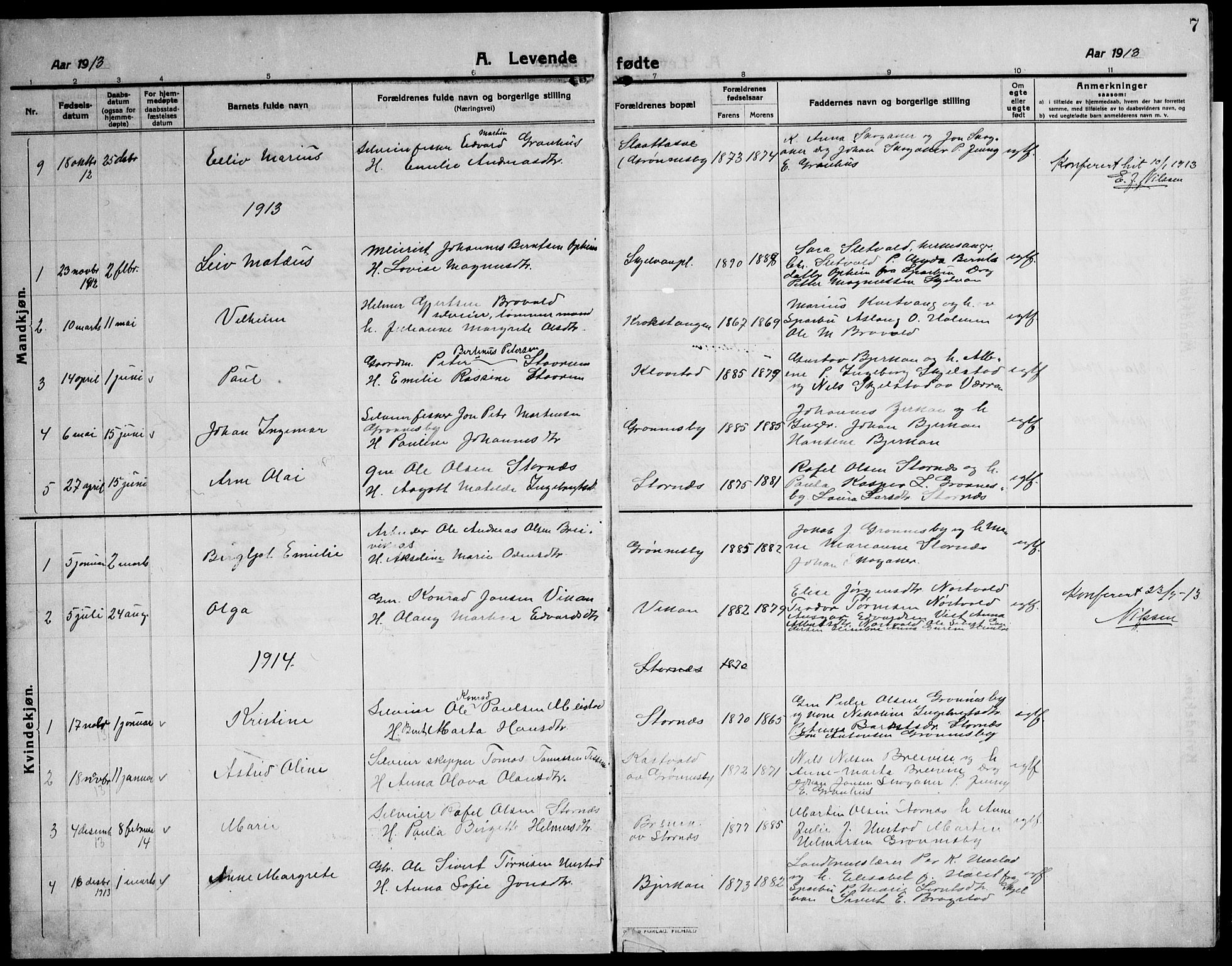 Ministerialprotokoller, klokkerbøker og fødselsregistre - Nord-Trøndelag, AV/SAT-A-1458/732/L0319: Parish register (copy) no. 732C03, 1911-1945, p. 7