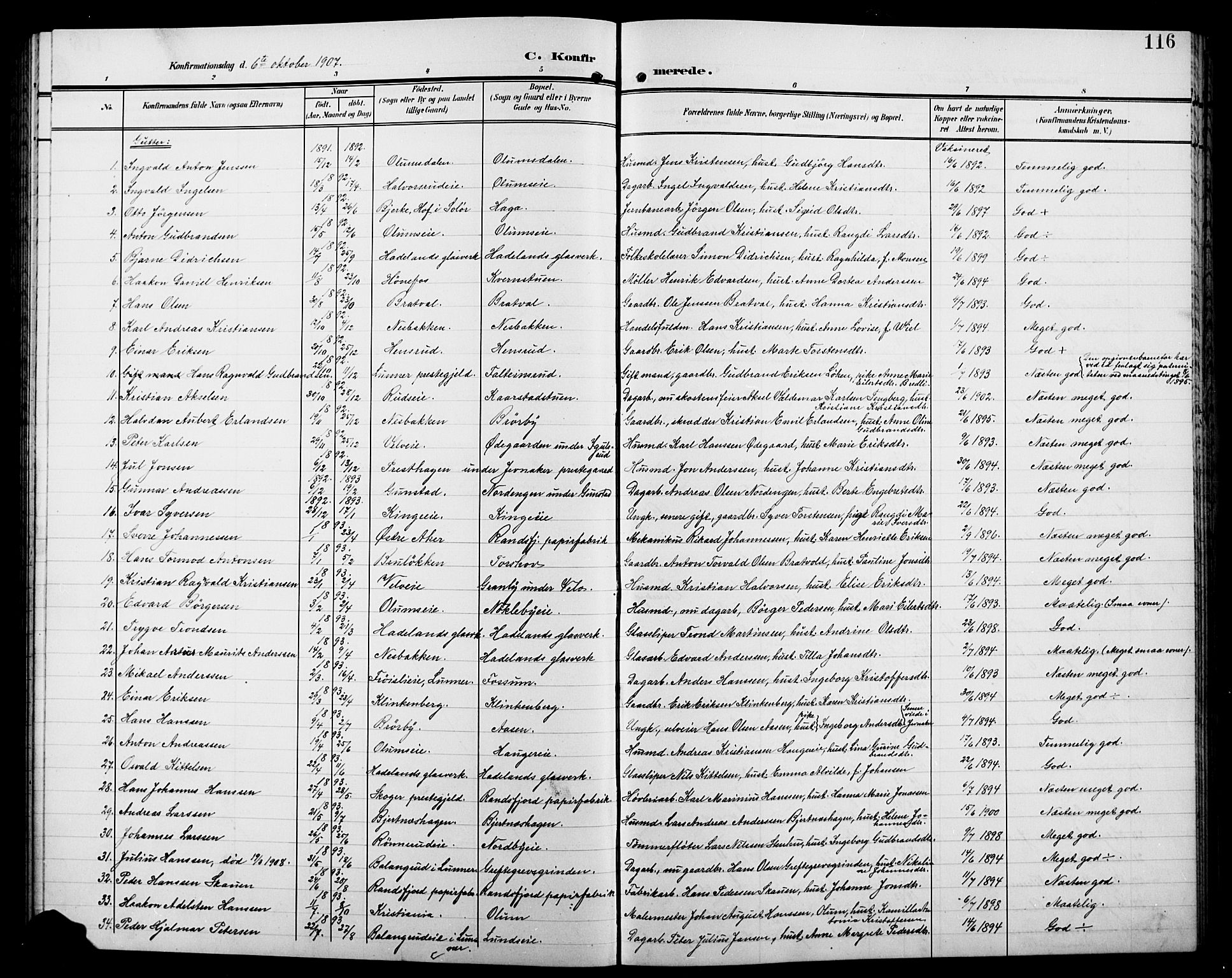Jevnaker prestekontor, SAH/PREST-116/H/Ha/Hab/L0004: Parish register (copy) no. 4, 1907-1918, p. 116
