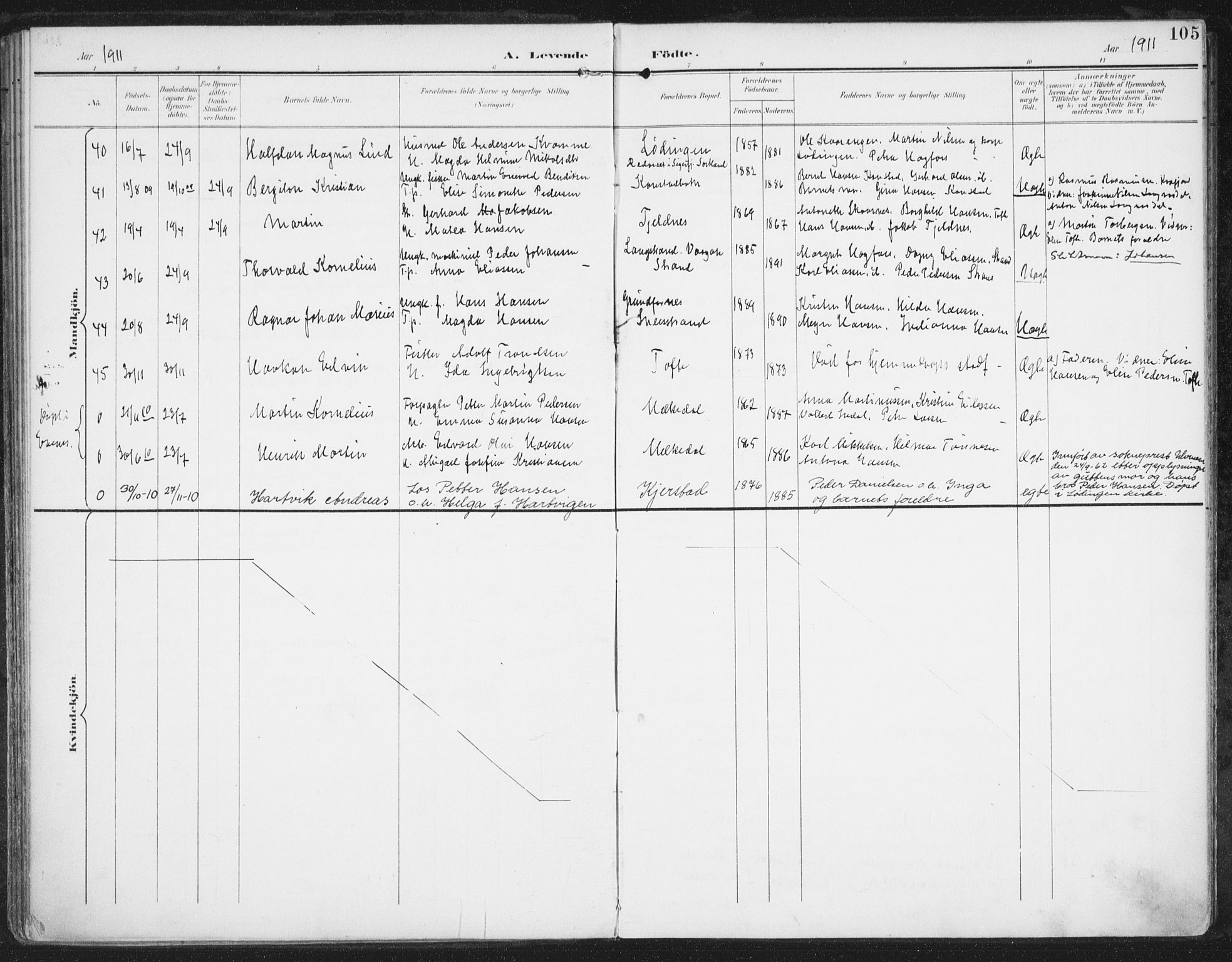 Ministerialprotokoller, klokkerbøker og fødselsregistre - Nordland, AV/SAT-A-1459/872/L1036: Parish register (official) no. 872A11, 1897-1913, p. 105