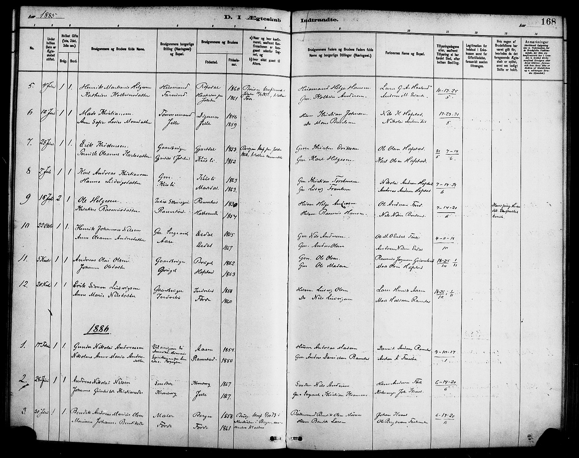 Førde sokneprestembete, SAB/A-79901/H/Haa/Haab/L0001: Parish register (official) no. B 1, 1880-1898, p. 168