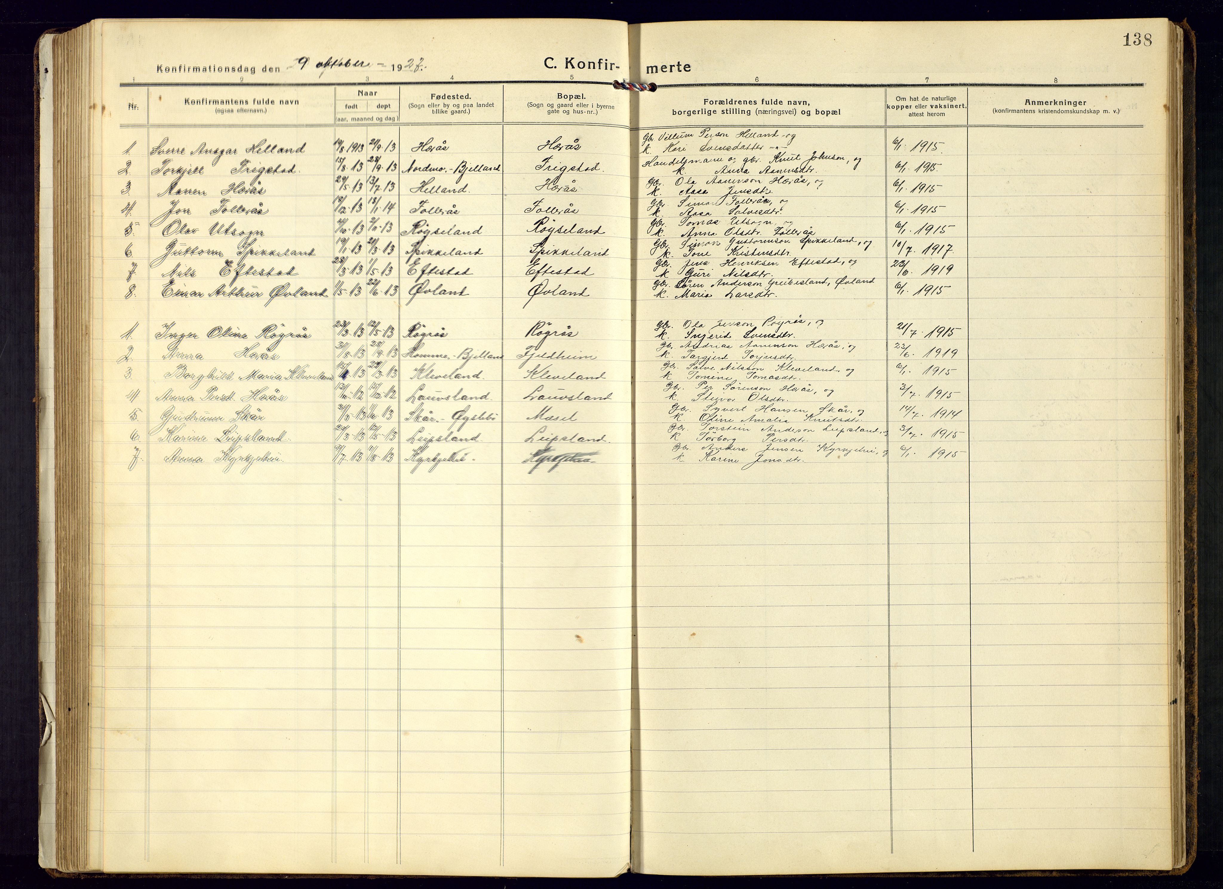 Bjelland sokneprestkontor, AV/SAK-1111-0005/F/Fb/Fbb/L0006: Parish register (copy) no. B-6, 1918-1946, p. 138