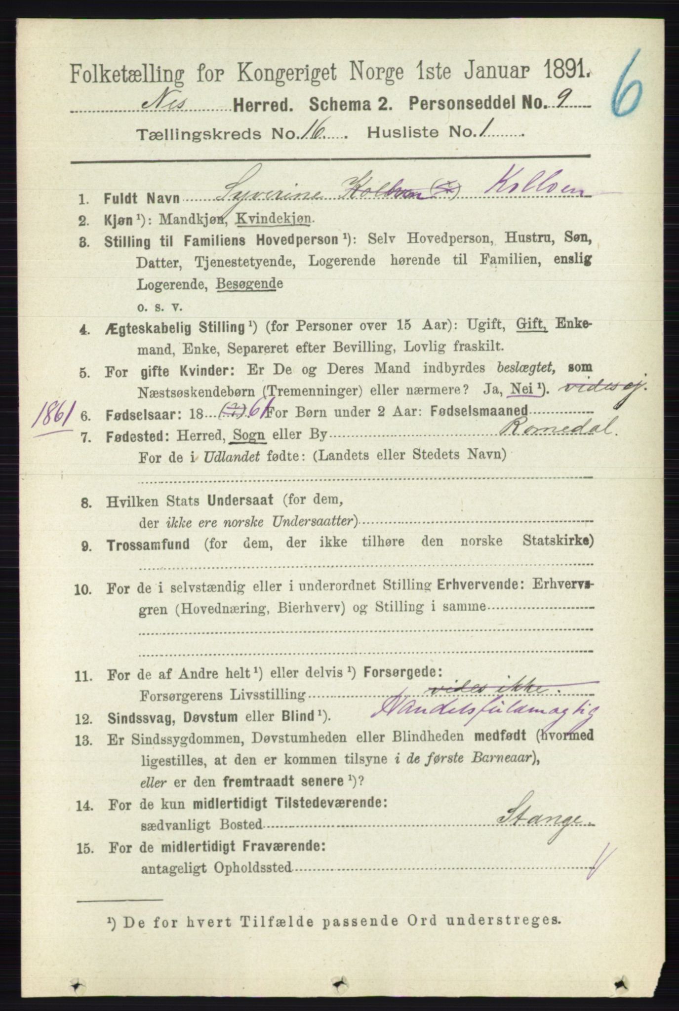 RA, 1891 census for 0236 Nes, 1891, p. 9557