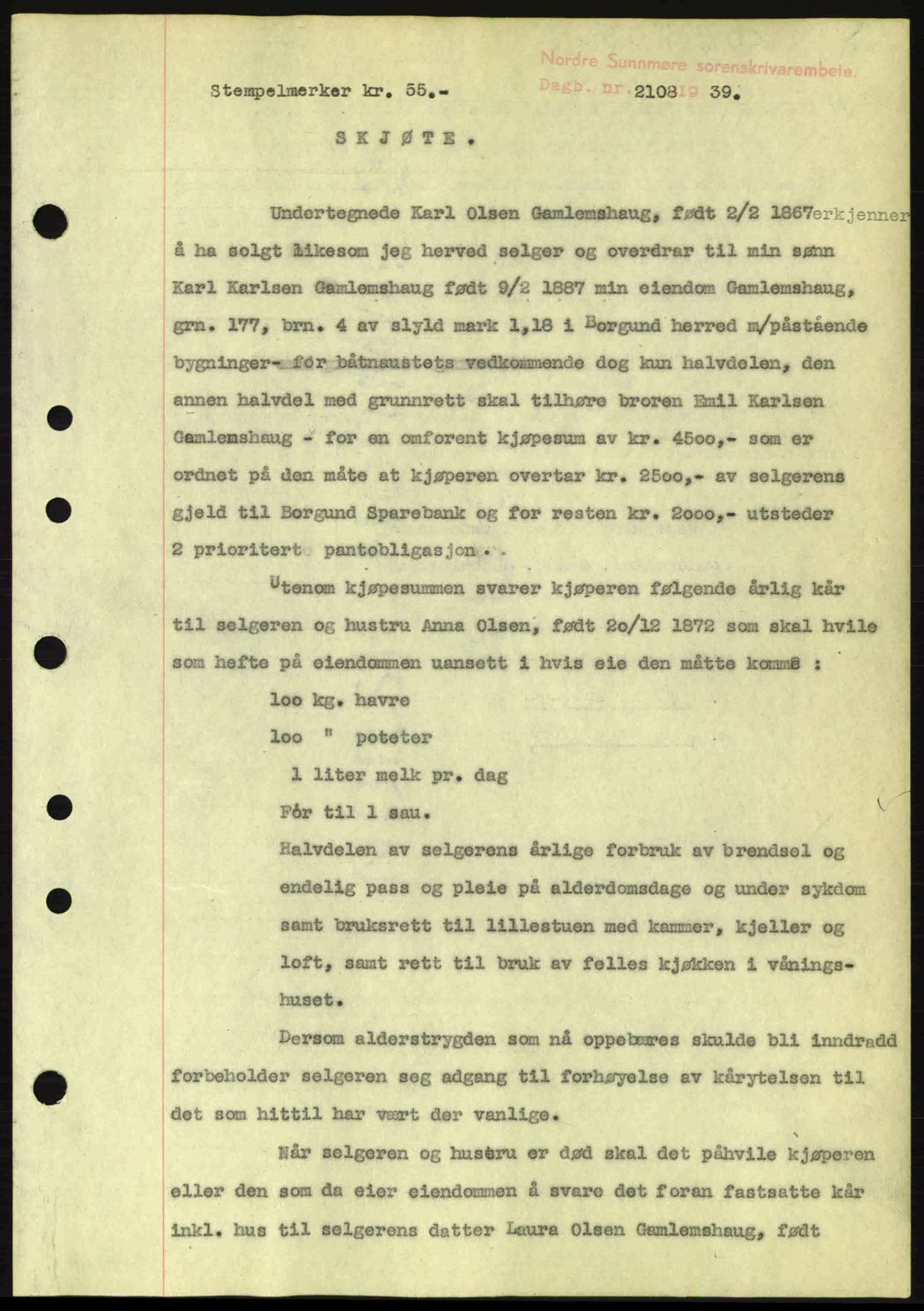 Nordre Sunnmøre sorenskriveri, AV/SAT-A-0006/1/2/2C/2Ca: Mortgage book no. A8, 1939-1940, Diary no: : 2108/1939