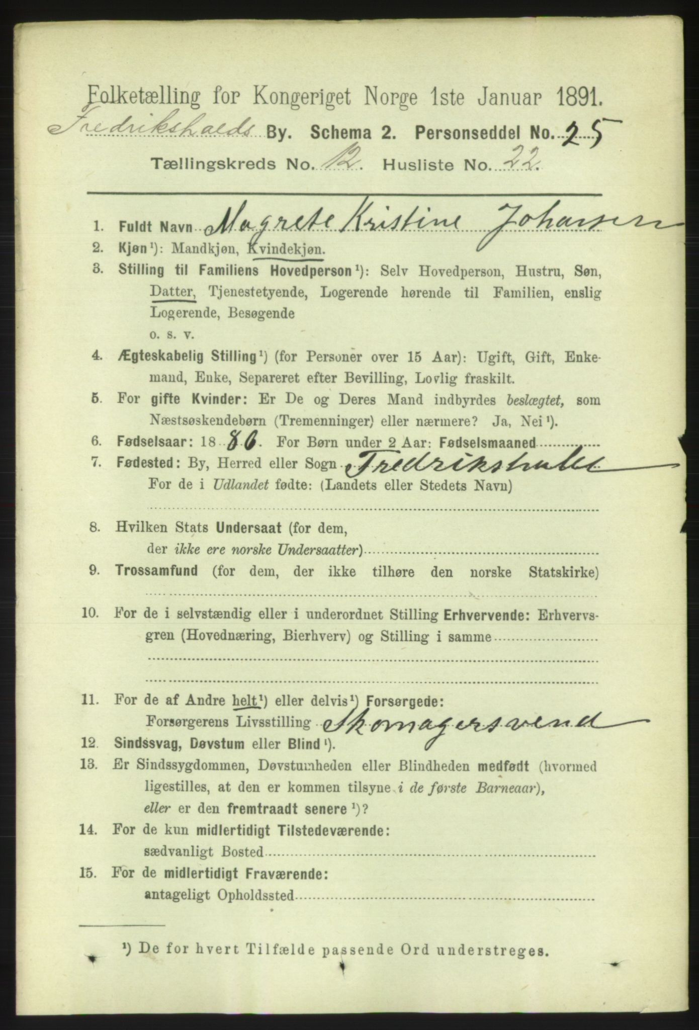 RA, 1891 census for 0101 Fredrikshald, 1891, p. 8560