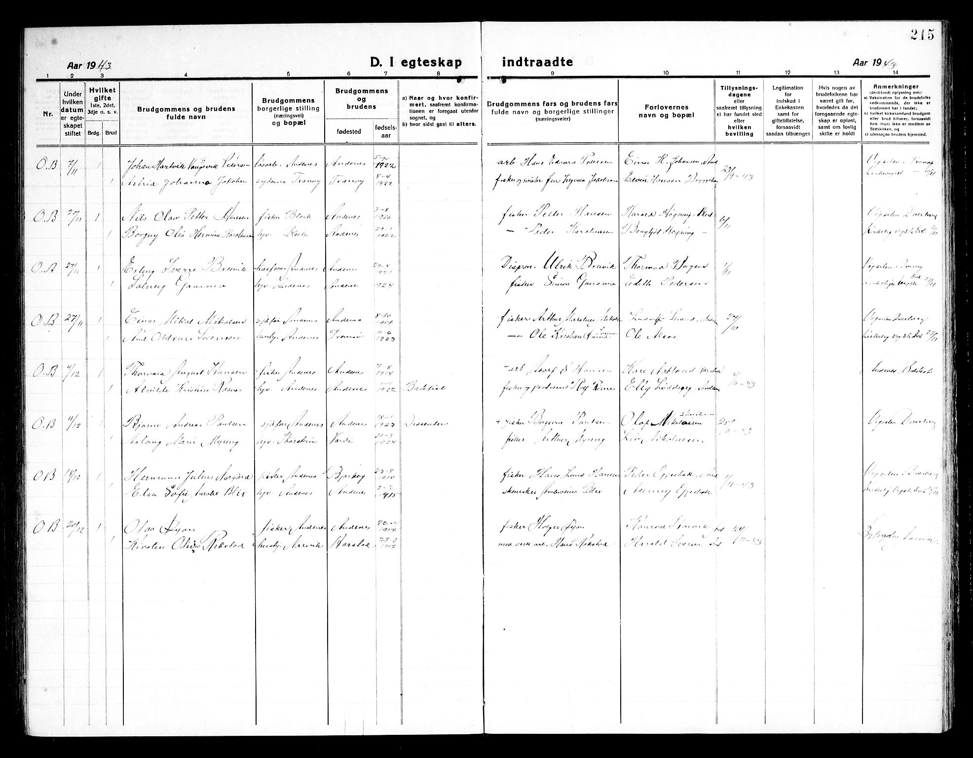 Ministerialprotokoller, klokkerbøker og fødselsregistre - Nordland, SAT/A-1459/899/L1450: Parish register (copy) no. 899C05, 1918-1945, p. 215