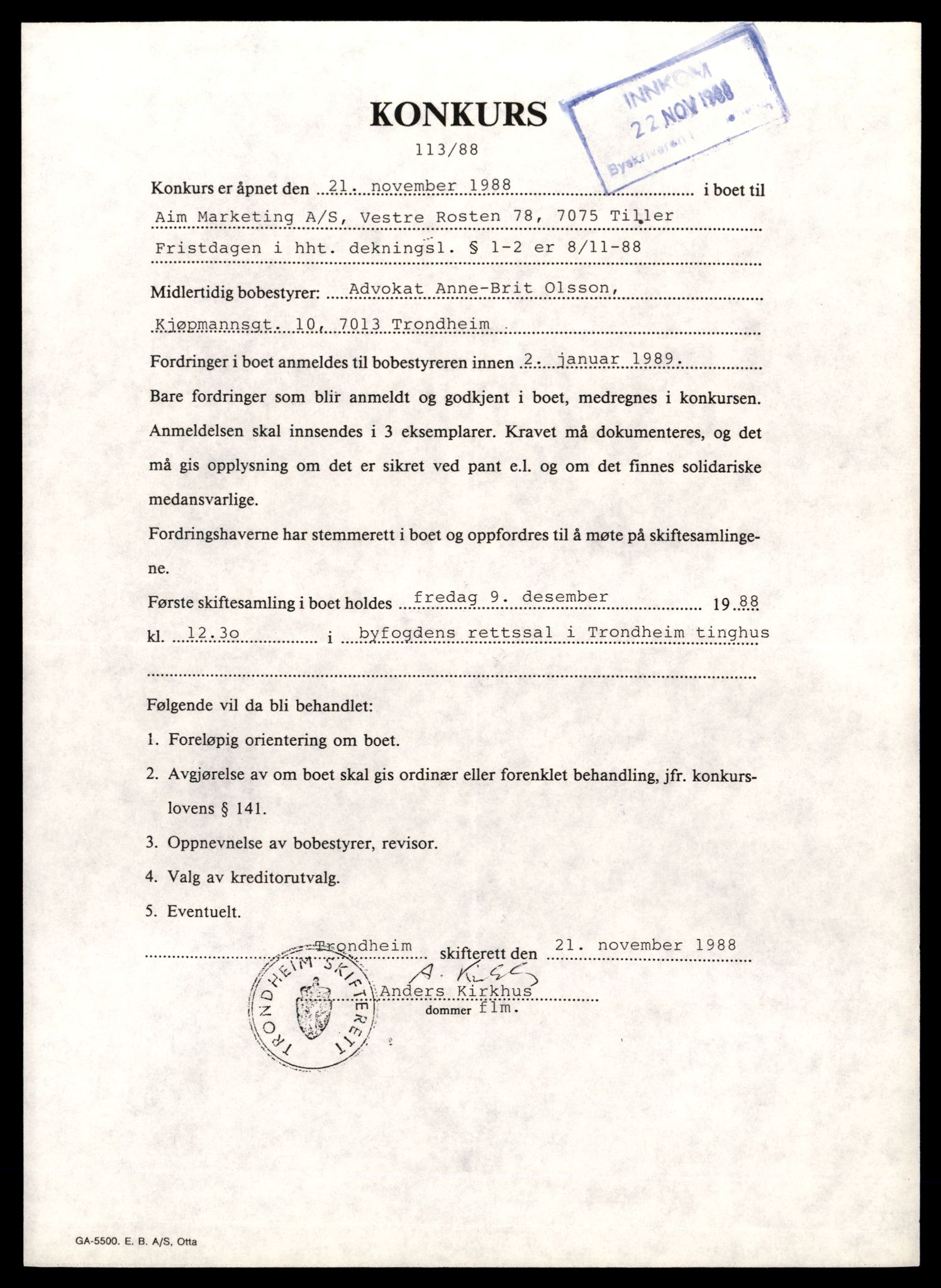 Trondheim byfogd, AV/SAT-A-0003/2/J/Jd/Jdb/L0110: Aksjeselskap, andelslag og borettslag, A-C, 1989-1990, p. 5