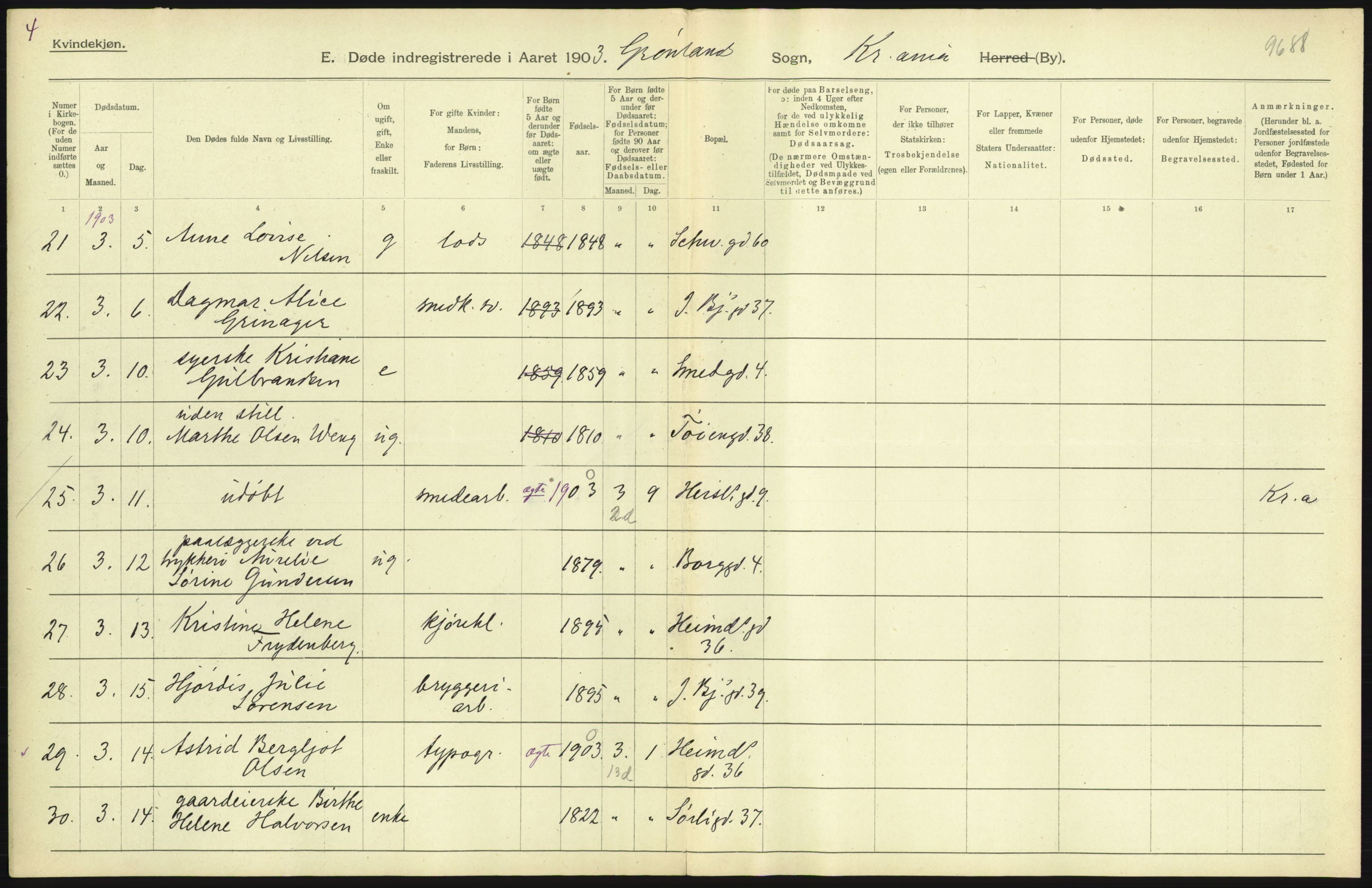 Statistisk sentralbyrå, Sosiodemografiske emner, Befolkning, AV/RA-S-2228/D/Df/Dfa/Dfaa/L0004: Kristiania: Gifte, døde, 1903, p. 381