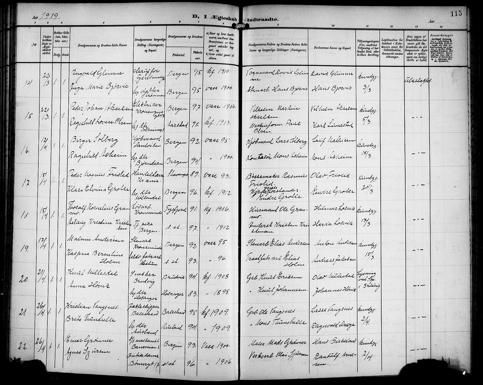 Årstad Sokneprestembete, AV/SAB-A-79301/H/Hab/L0018: Parish register (copy) no. C 1, 1902-1919, p. 115