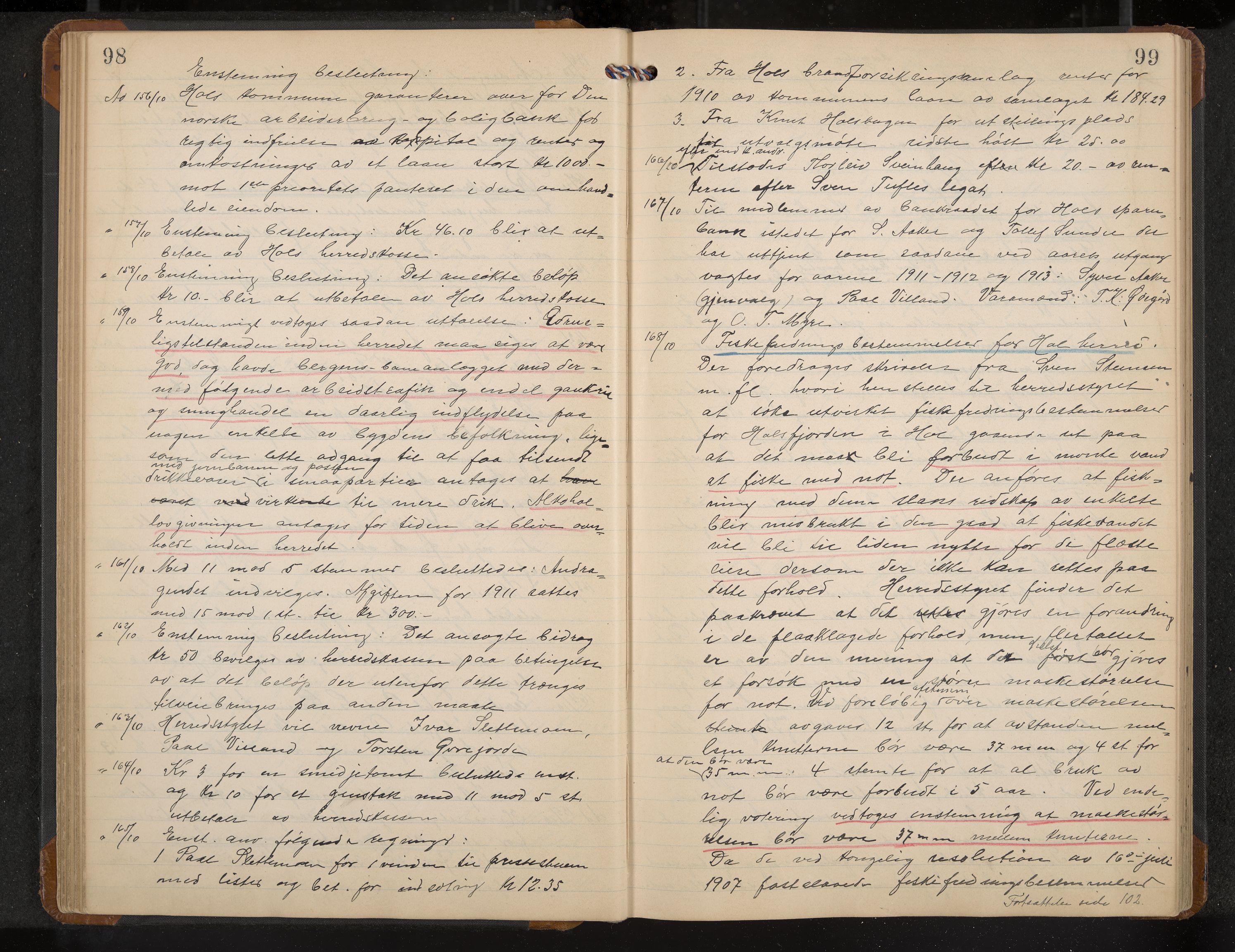 Hol formannskap og sentraladministrasjon, IKAK/0620021-1/A/L0005: Møtebok, 1909-1915, p. 98-99