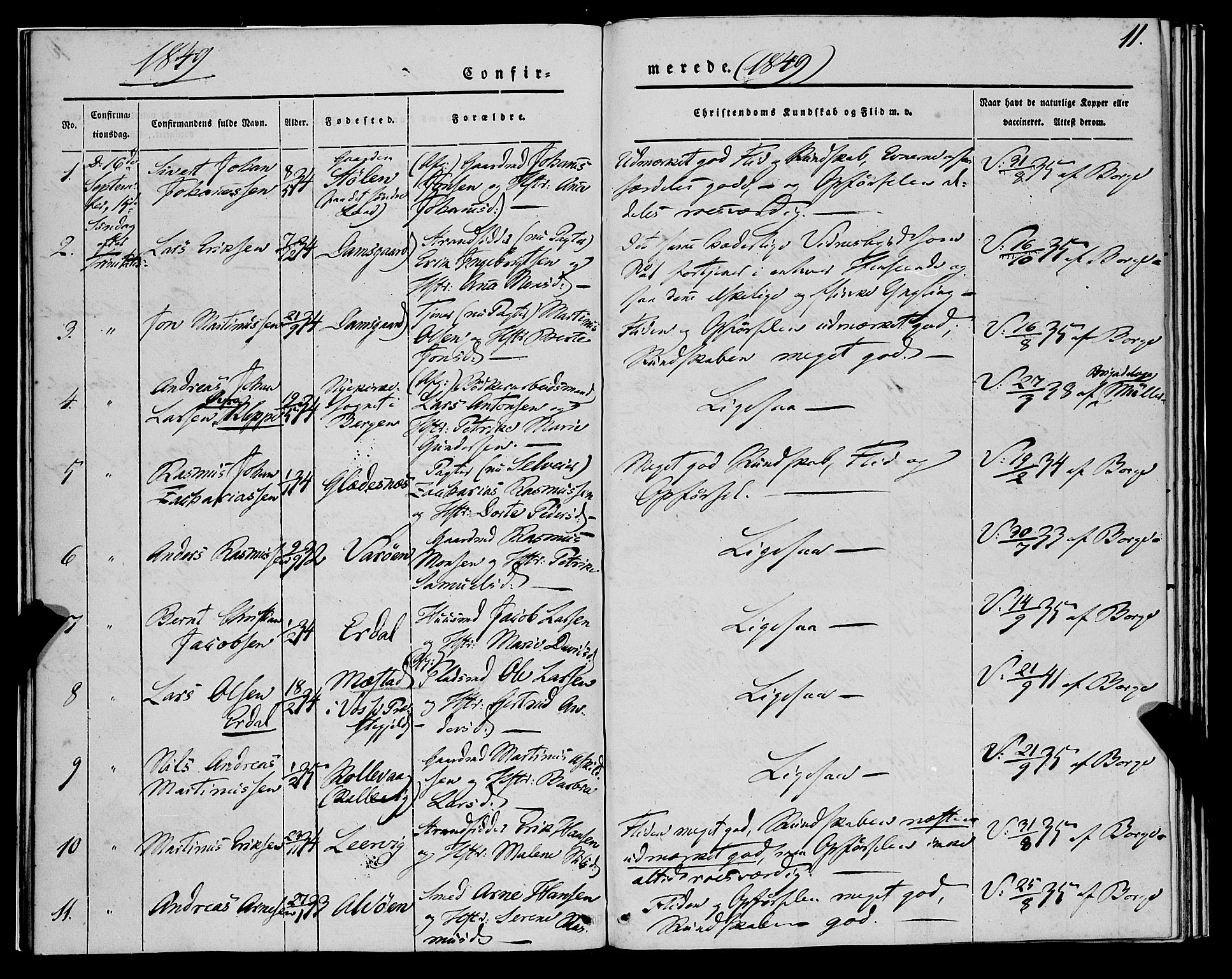 Askøy Sokneprestembete, SAB/A-74101/H/Ha/Haa/Haaa/L0010: Parish register (official) no. A 10, 1845-1854, p. 11