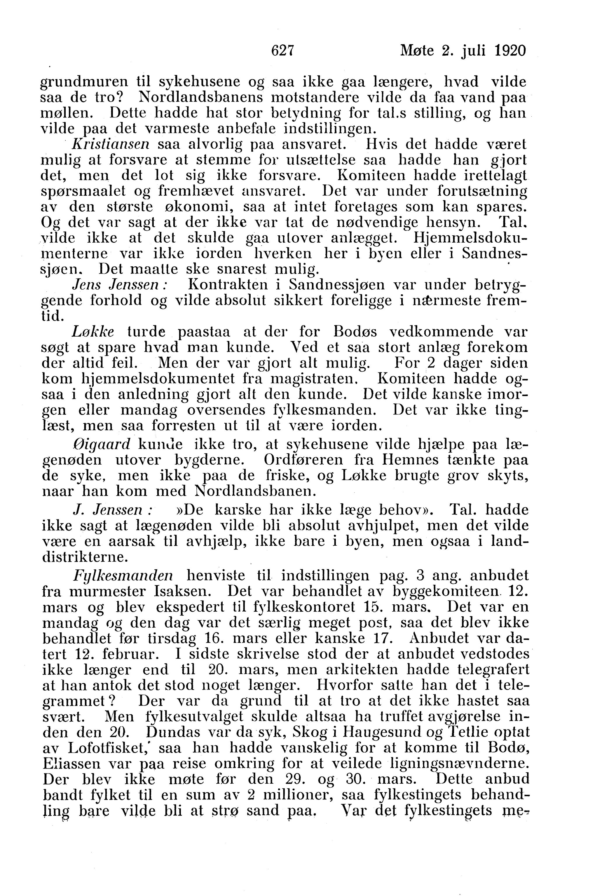 Nordland Fylkeskommune. Fylkestinget, AIN/NFK-17/176/A/Ac/L0043: Fylkestingsforhandlinger 1920, 1920