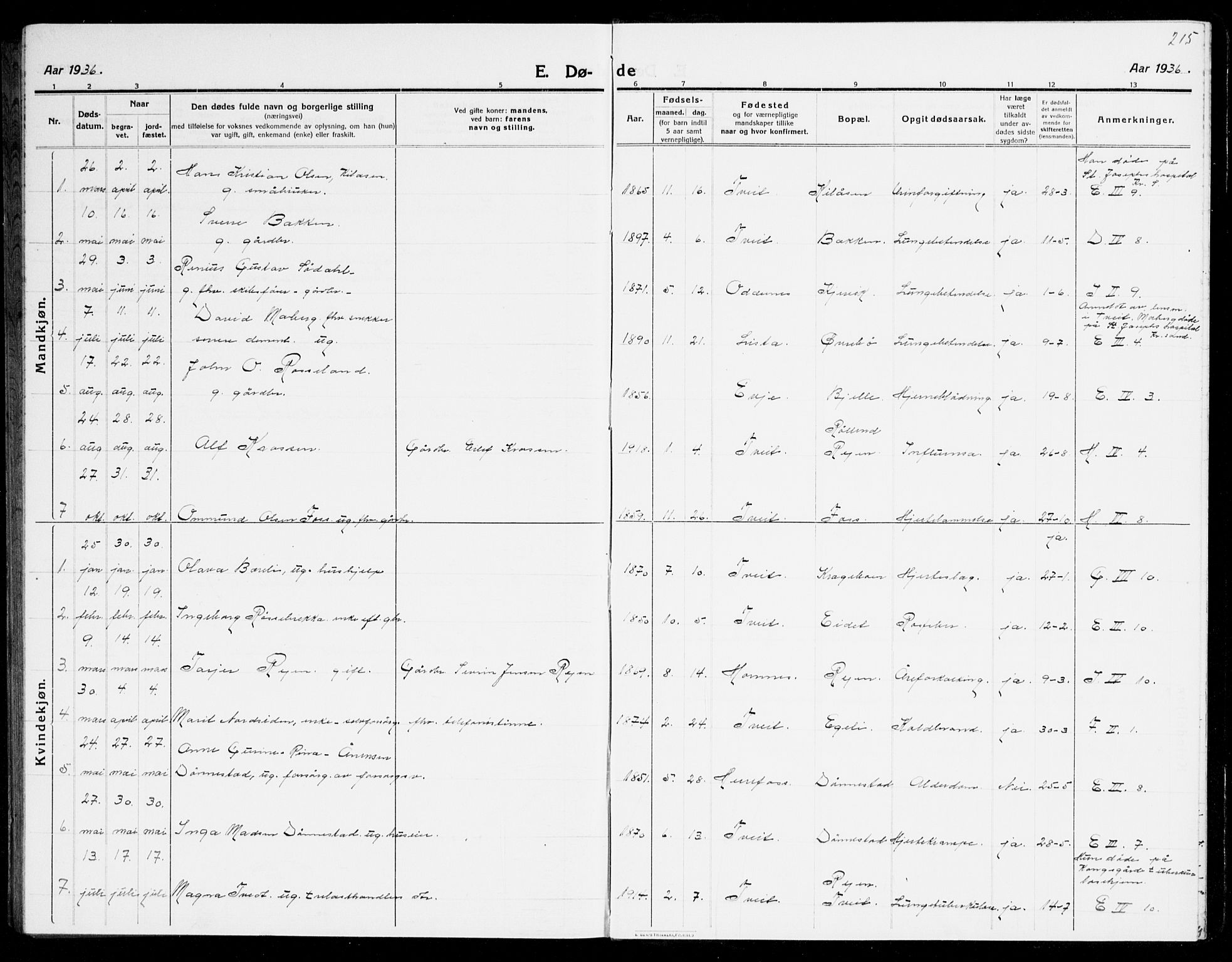 Tveit sokneprestkontor, AV/SAK-1111-0043/F/Fb/L0005: Parish register (copy) no. B 5, 1915-1941, p. 215