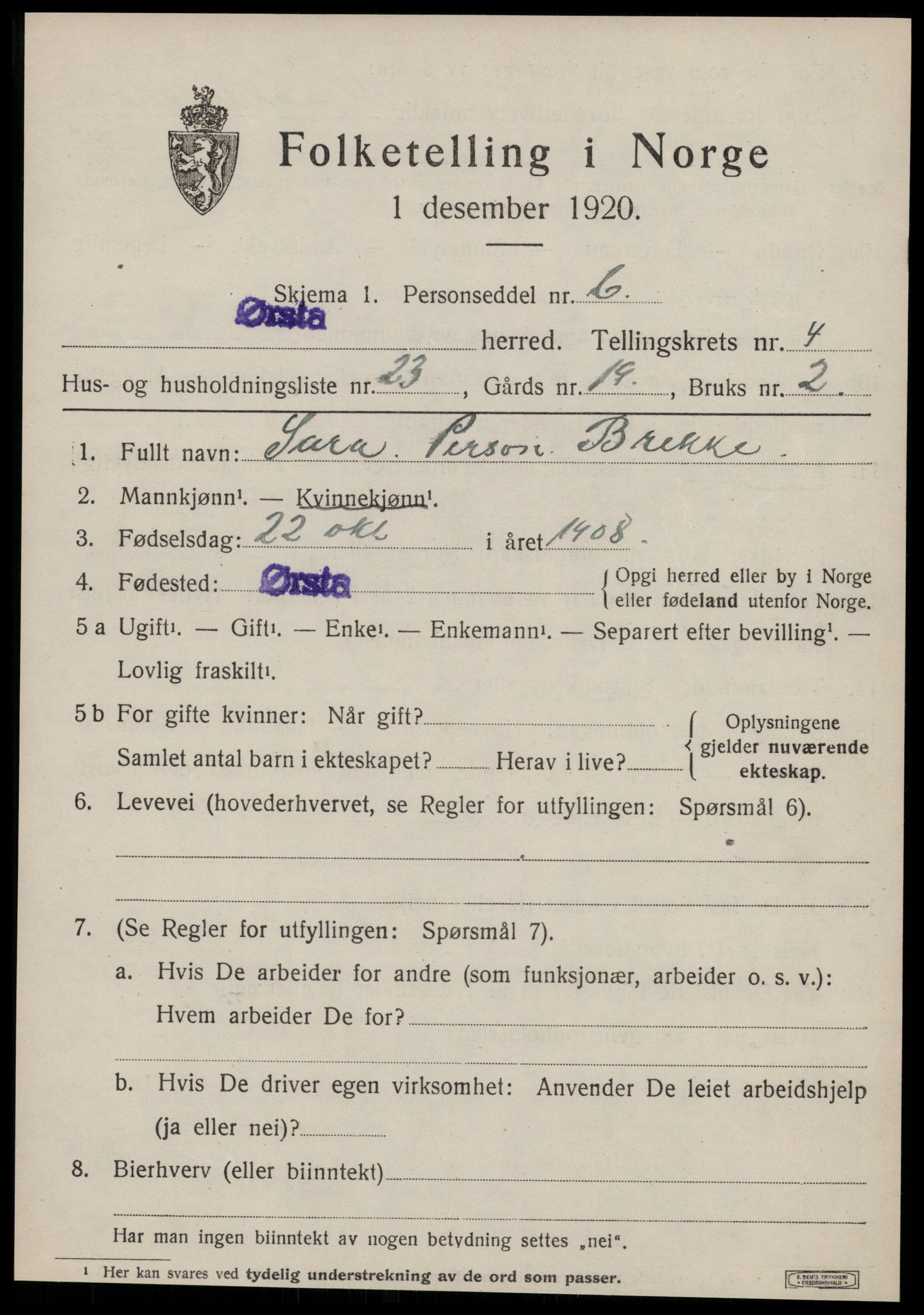 SAT, 1920 census for Ørsta, 1920, p. 4258