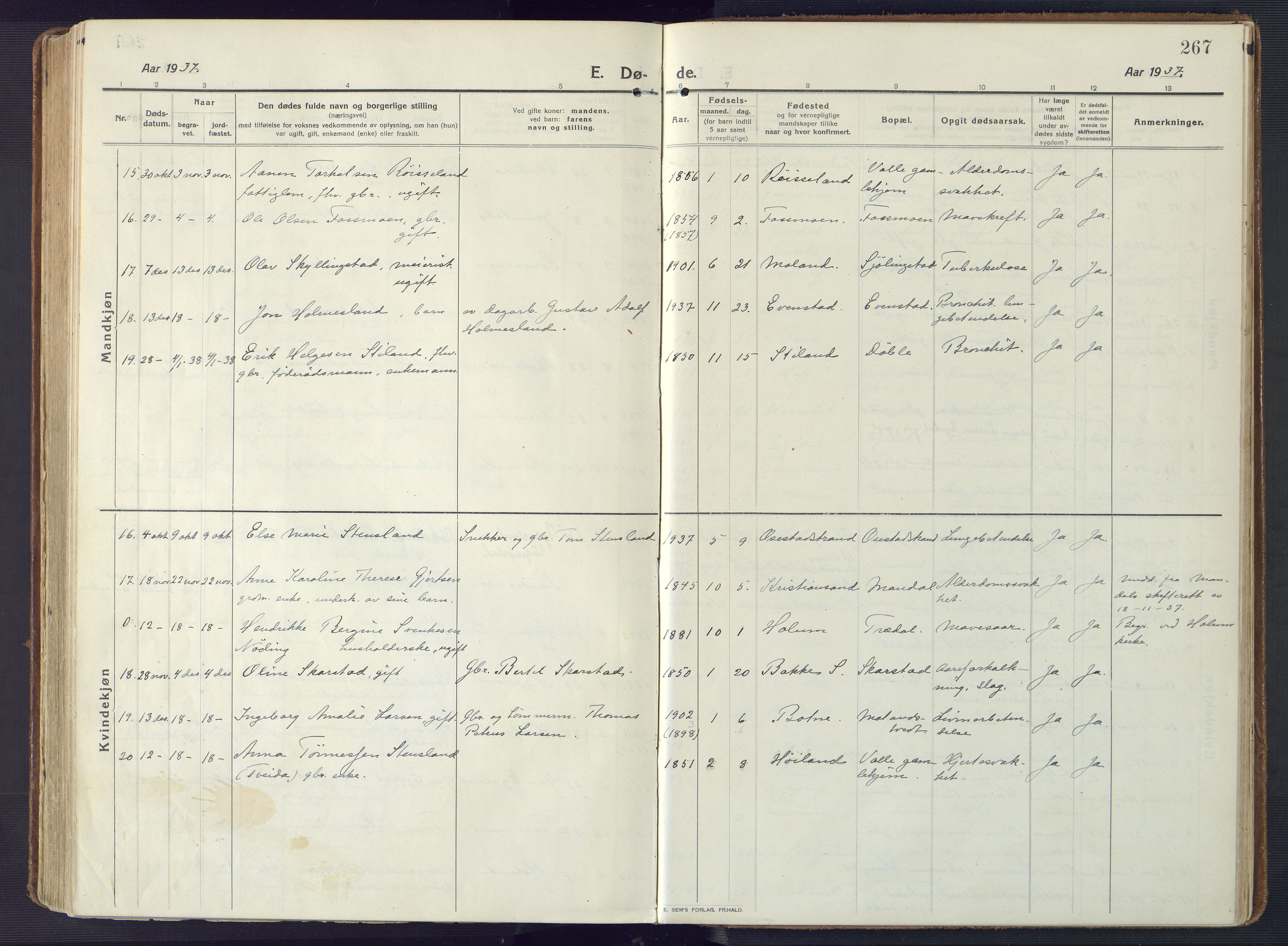 Sør-Audnedal sokneprestkontor, SAK/1111-0039/F/Fa/Fab/L0011: Parish register (official) no. A 11, 1912-1938, p. 267