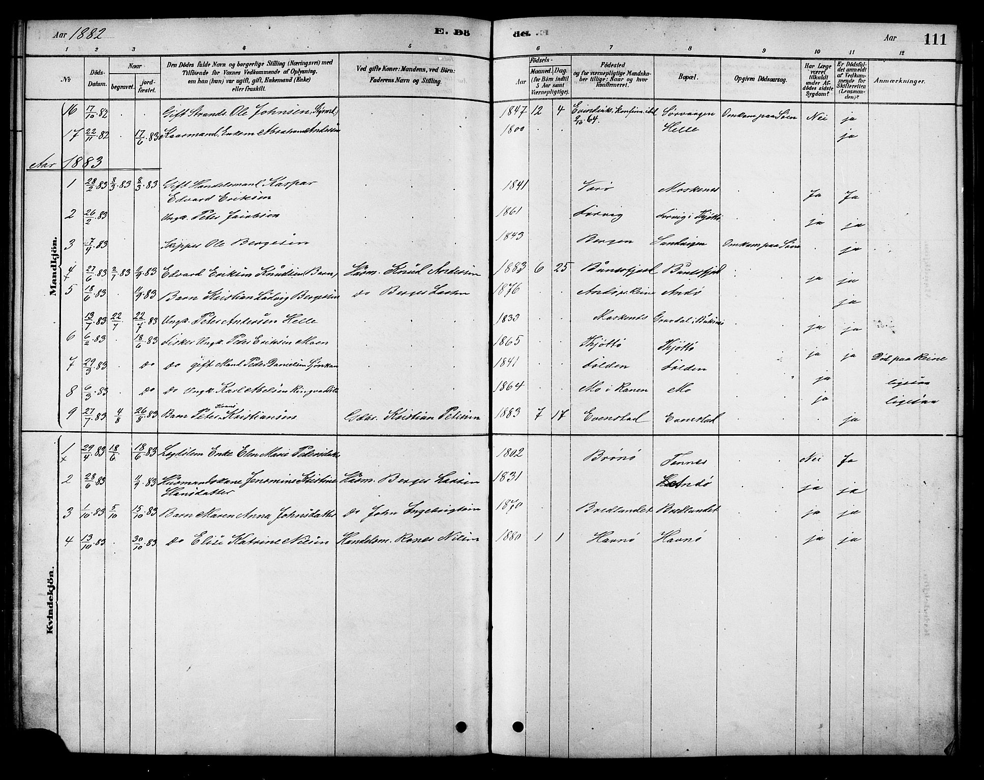 Ministerialprotokoller, klokkerbøker og fødselsregistre - Nordland, AV/SAT-A-1459/886/L1219: Parish register (official) no. 886A01, 1878-1892, p. 111