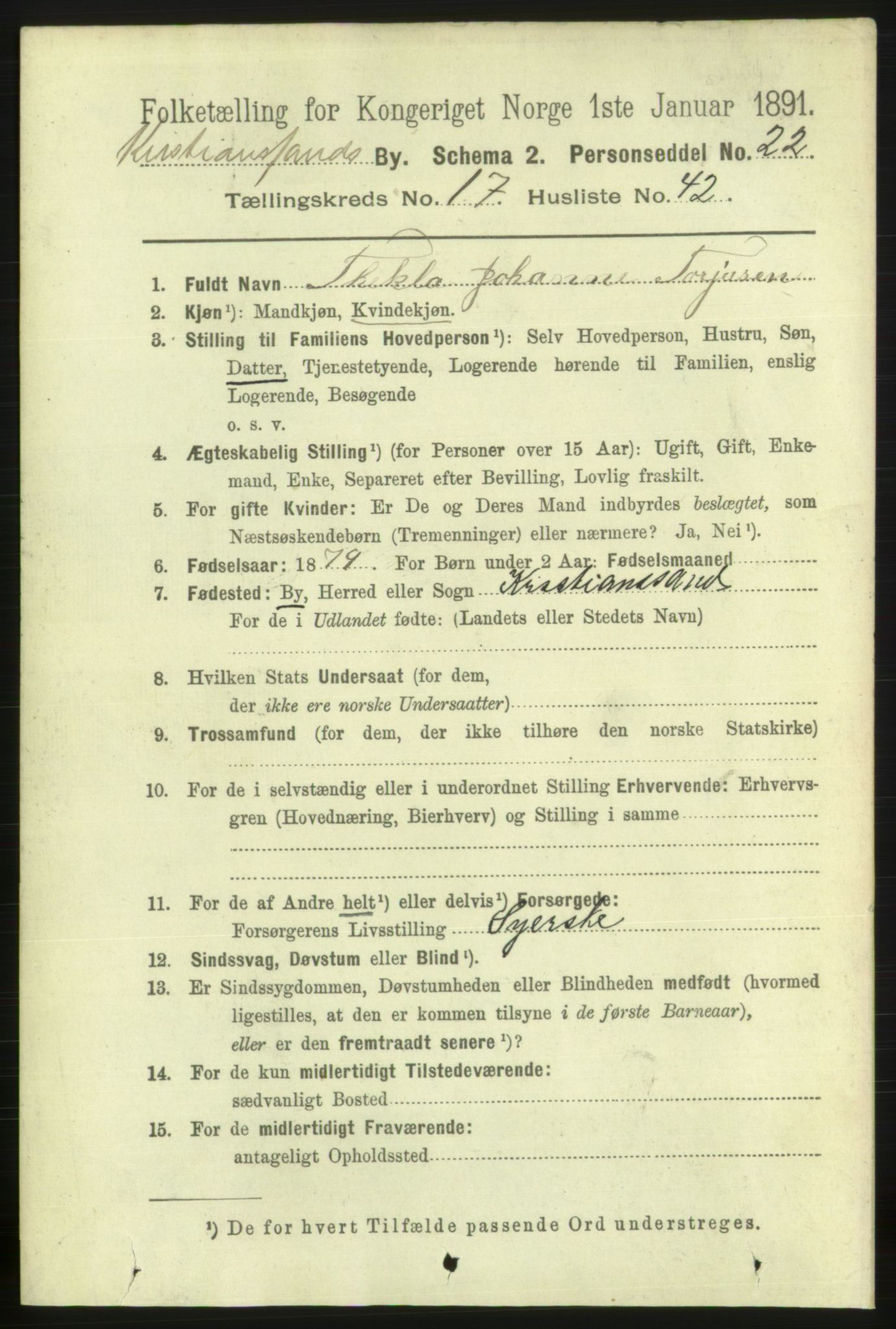 RA, 1891 census for 1001 Kristiansand, 1891, p. 7192