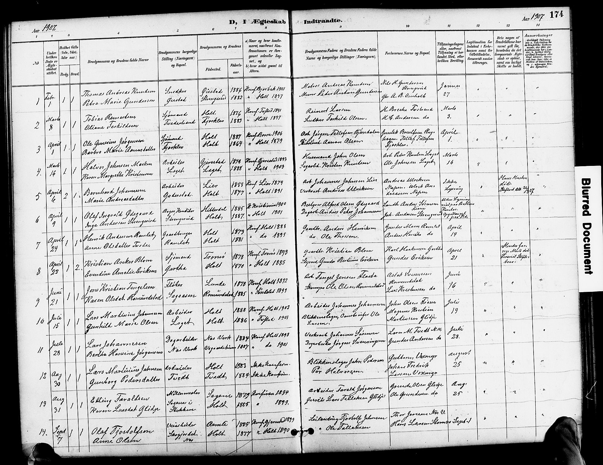 Holt sokneprestkontor, SAK/1111-0021/F/Fb/L0011: Parish register (copy) no. B 11, 1897-1921, p. 174