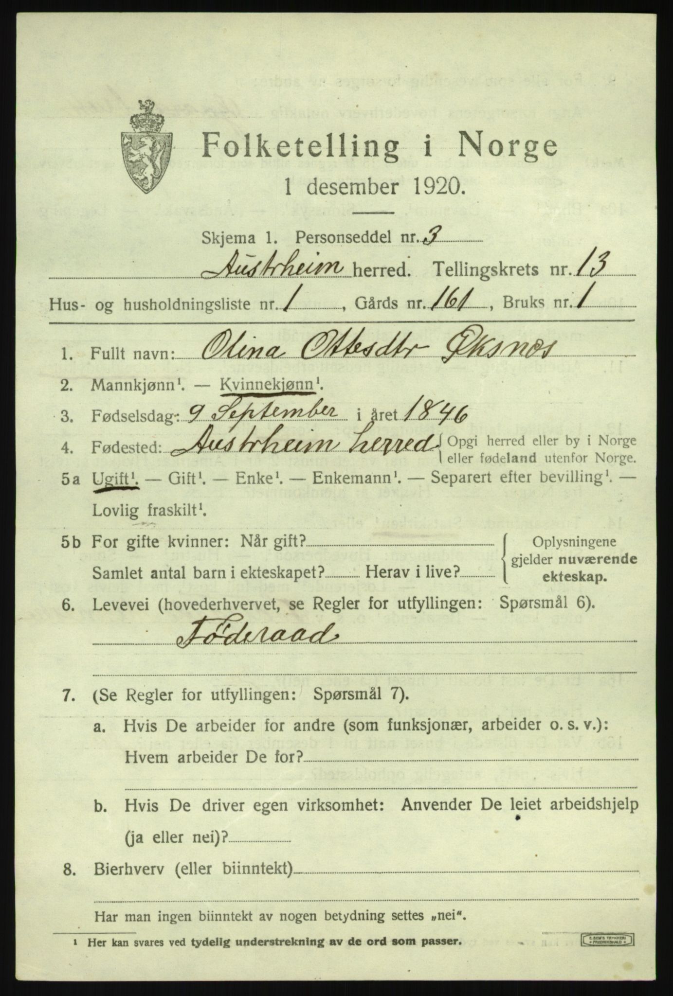 SAB, 1920 census for Austrheim, 1920, p. 4518