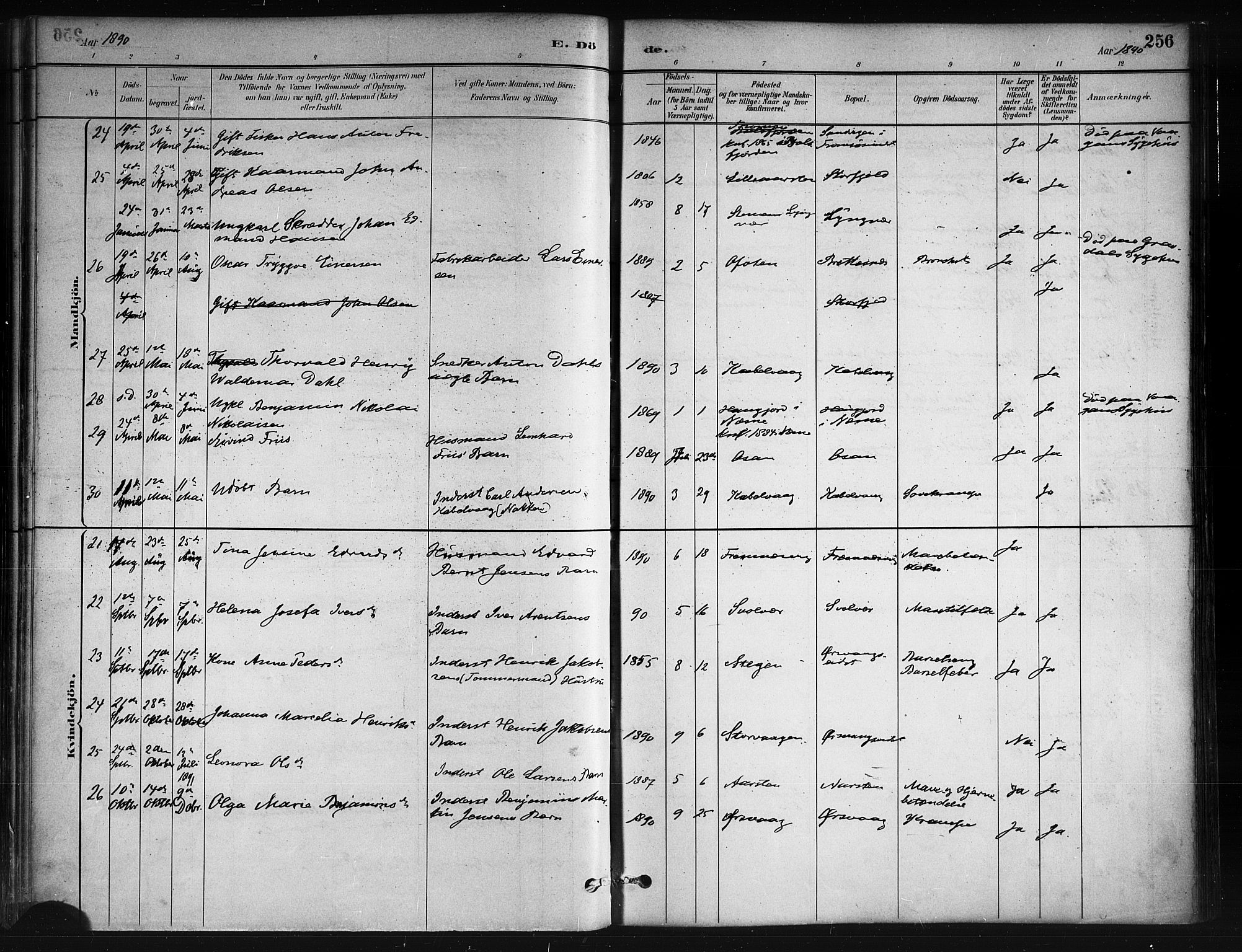 Ministerialprotokoller, klokkerbøker og fødselsregistre - Nordland, AV/SAT-A-1459/874/L1059: Parish register (official) no. 874A03, 1884-1890, p. 256