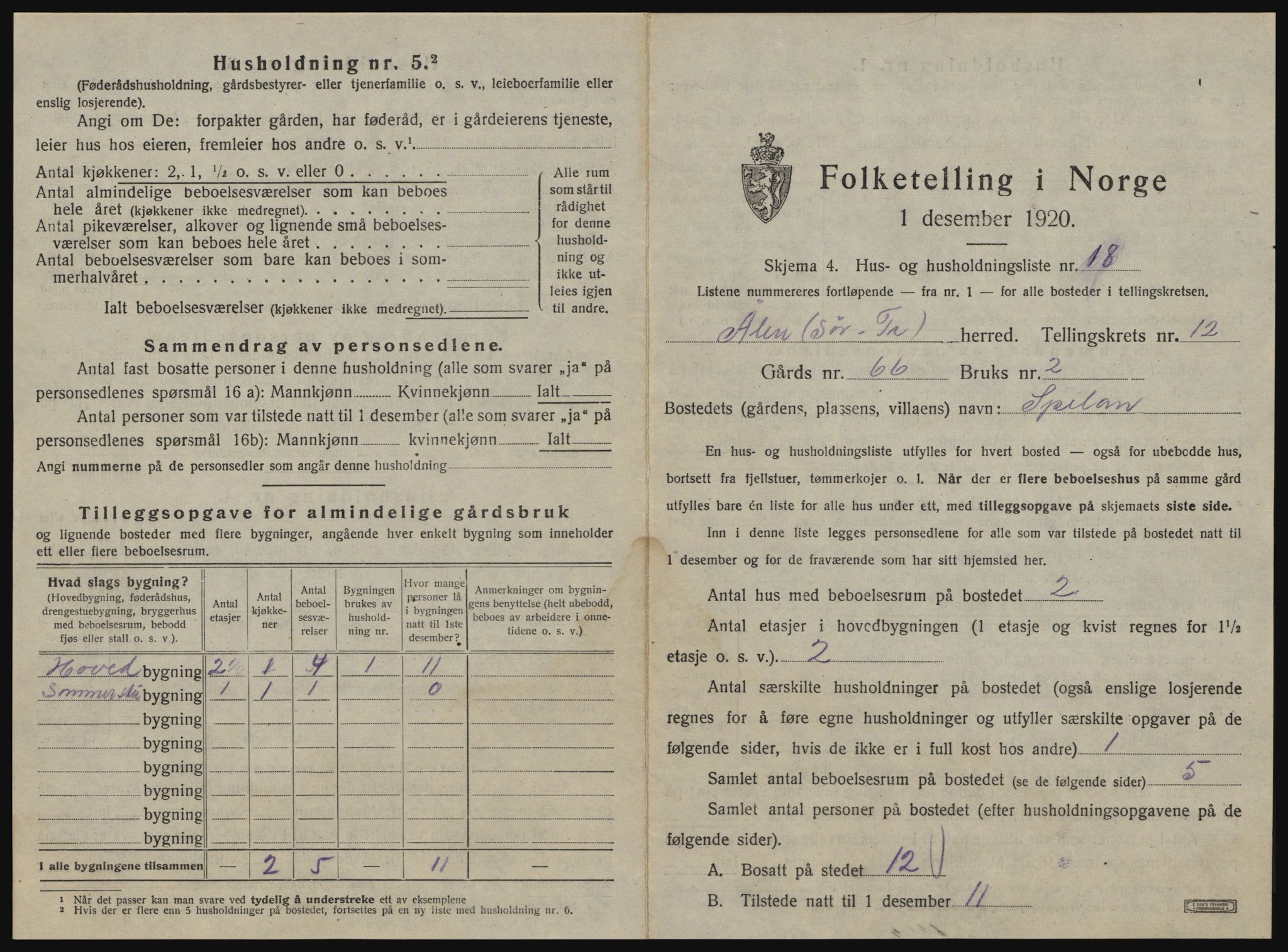 SAT, 1920 census for Ålen, 1920, p. 832