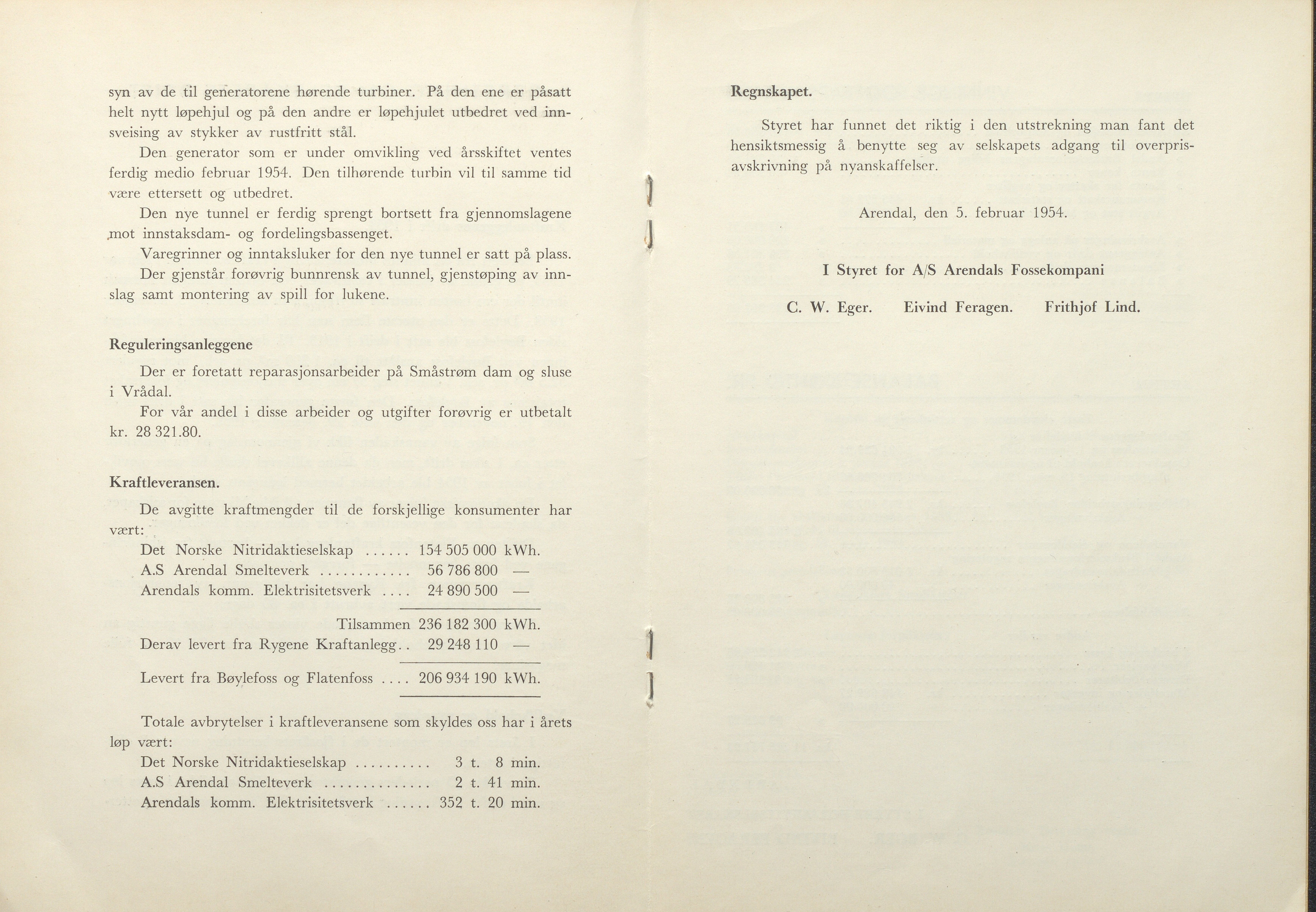 Arendals Fossekompani, AAKS/PA-2413/X/X01/L0001/0012: Beretninger, regnskap, balansekonto, gevinst- og tapskonto / Beretning, regnskap 1945 - 1962, 1945-1962, p. 52