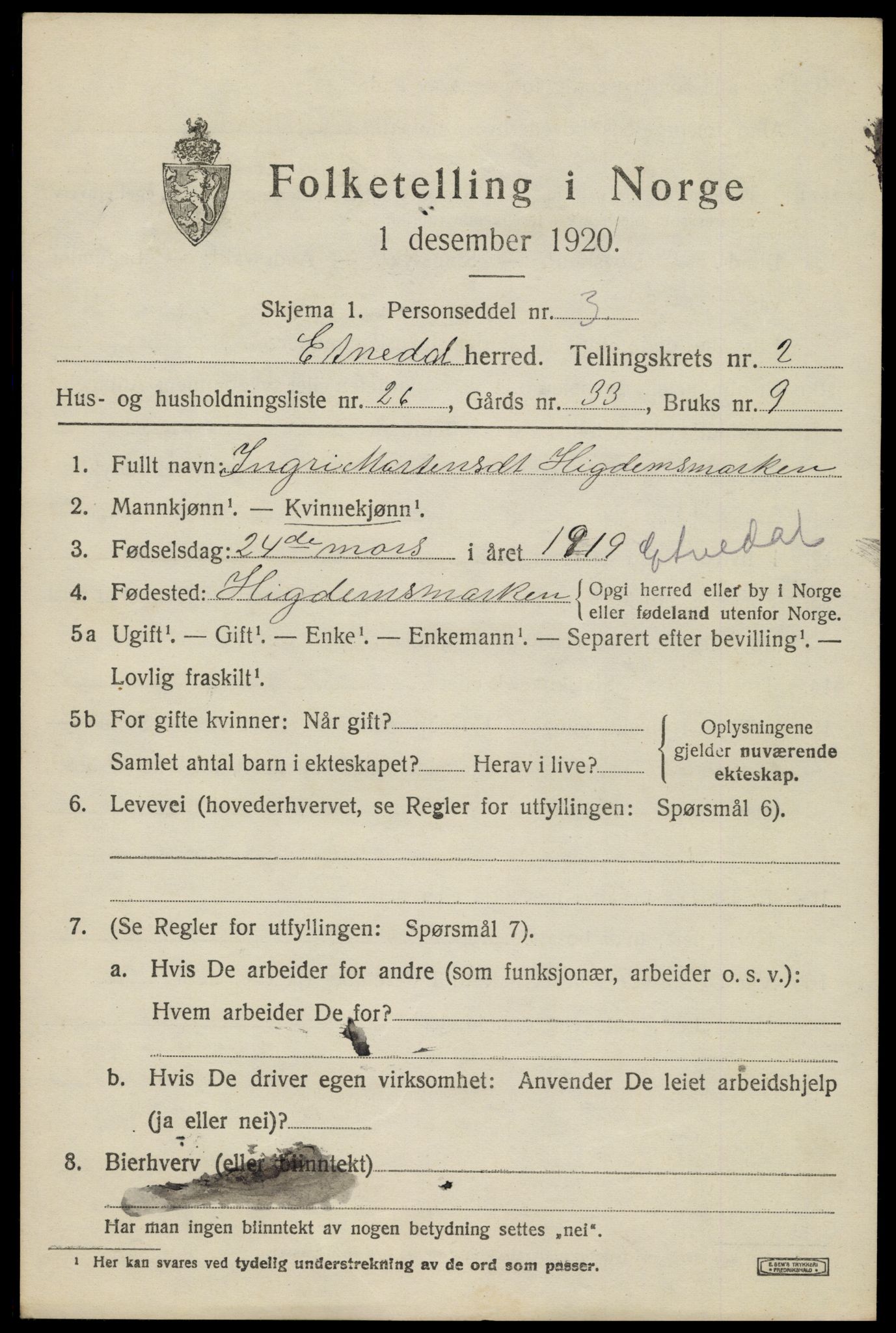 SAH, 1920 census for Etnedal, 1920, p. 1314