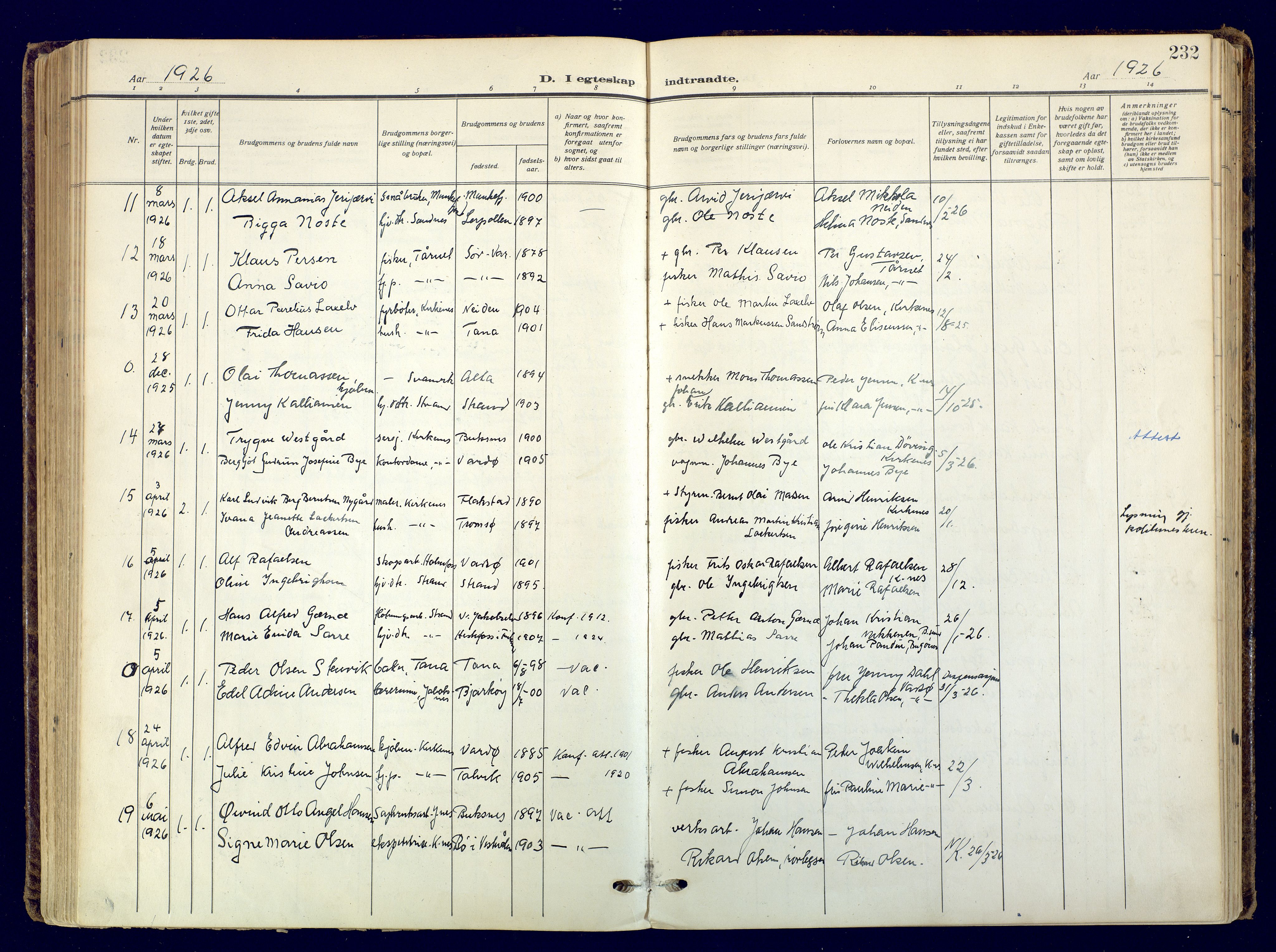 Sør-Varanger sokneprestkontor, AV/SATØ-S-1331/H/Ha/L0006kirke: Parish register (official) no. 6, 1919-1927, p. 232
