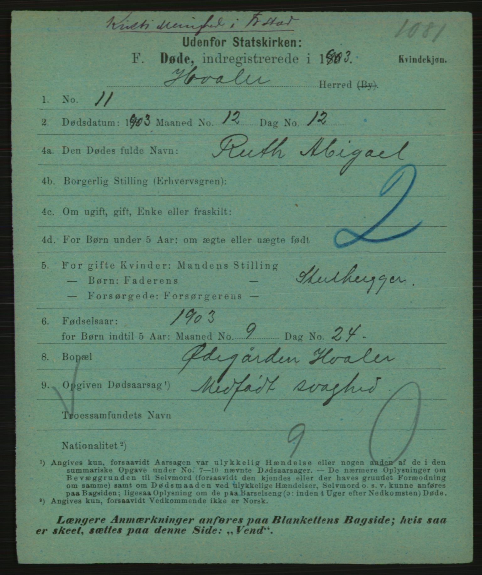 Statistisk sentralbyrå, Sosiodemografiske emner, Befolkning, AV/RA-S-2228/E/L0001: Fødte, gifte, døde dissentere., 1903, p. 2231