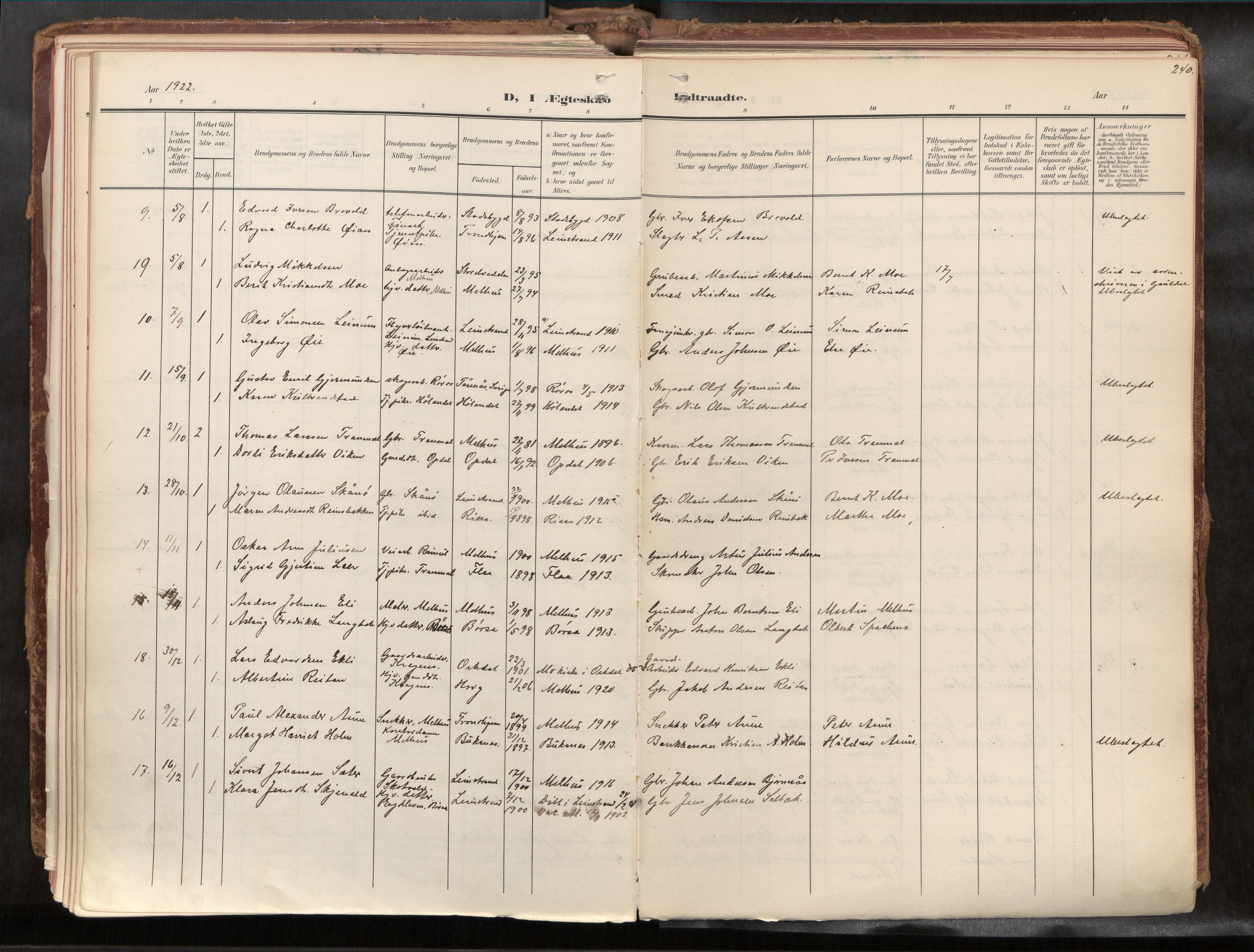 Ministerialprotokoller, klokkerbøker og fødselsregistre - Sør-Trøndelag, SAT/A-1456/691/L1085b: Parish register (official) no. 691A18, 1908-1930, p. 240