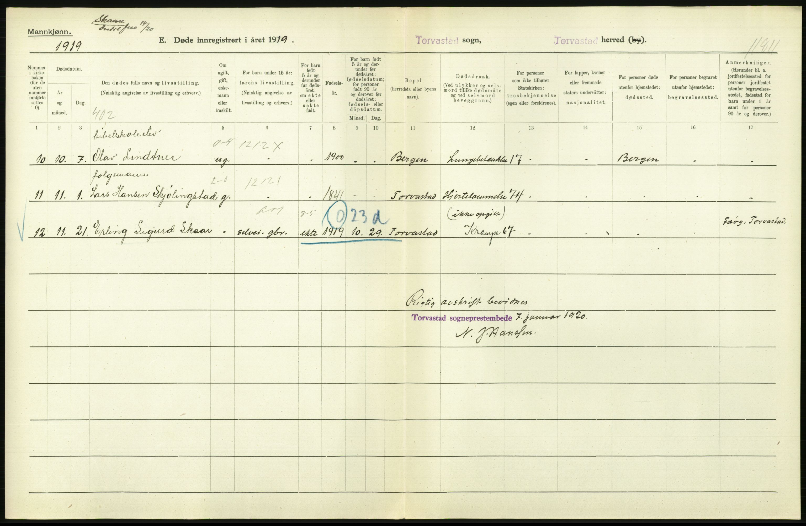 Statistisk sentralbyrå, Sosiodemografiske emner, Befolkning, RA/S-2228/D/Df/Dfb/Dfbi/L0030: Rogaland fylke: Døde. Bygder og byer., 1919, p. 162