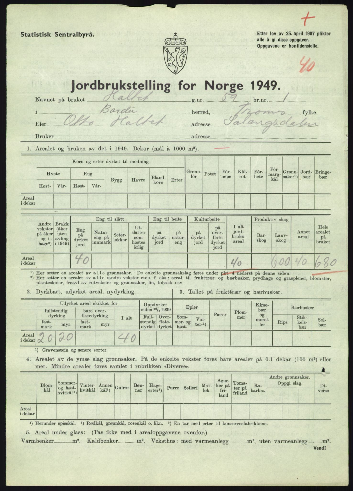 Statistisk sentralbyrå, Næringsøkonomiske emner, Jordbruk, skogbruk, jakt, fiske og fangst, AV/RA-S-2234/G/Gc/L0438: Troms: Salangen og Bardu, 1949, p. 1309