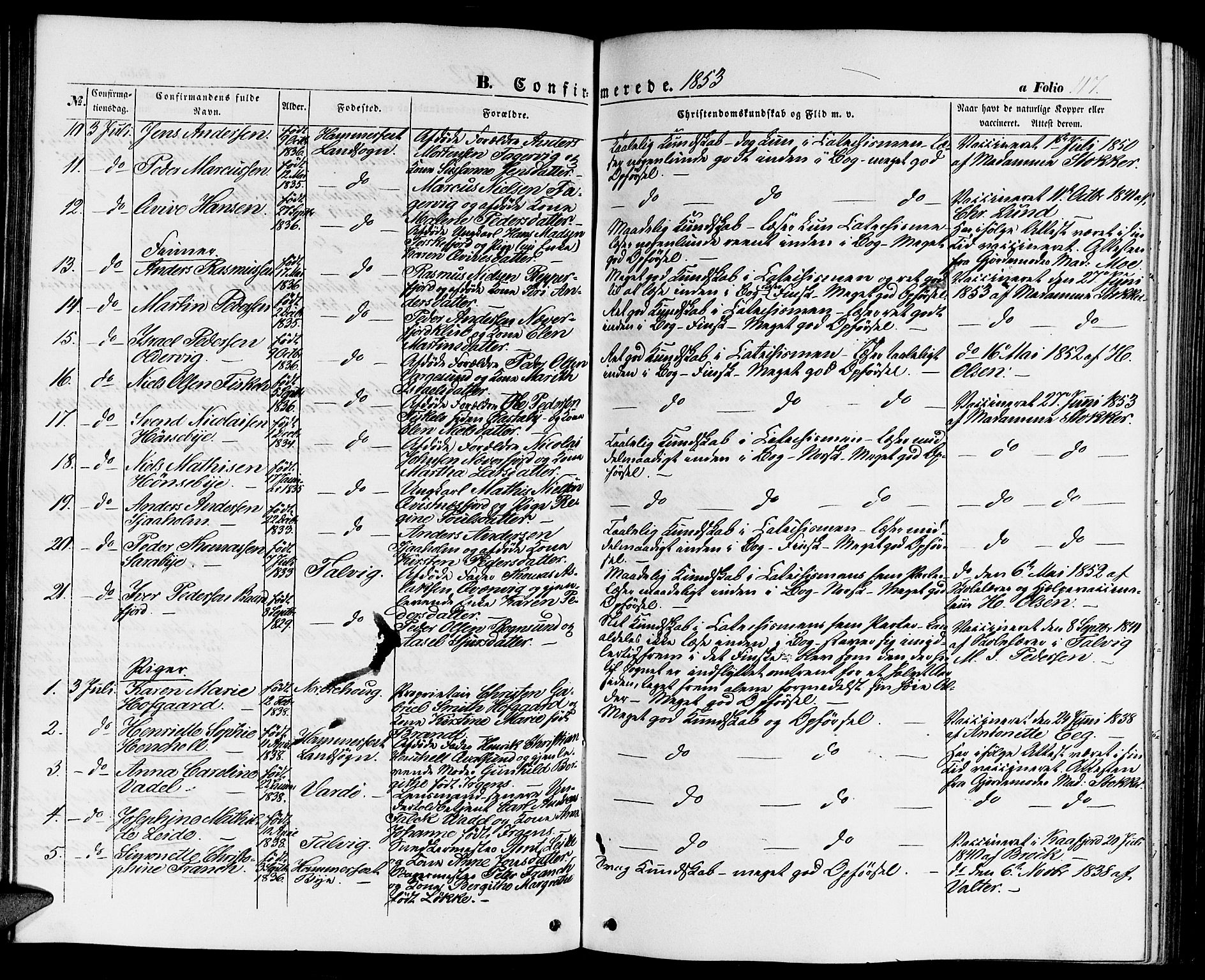 Hammerfest sokneprestkontor, AV/SATØ-S-1347/H/Hb/L0002.klokk: Parish register (copy) no. 2, 1851-1861, p. 117