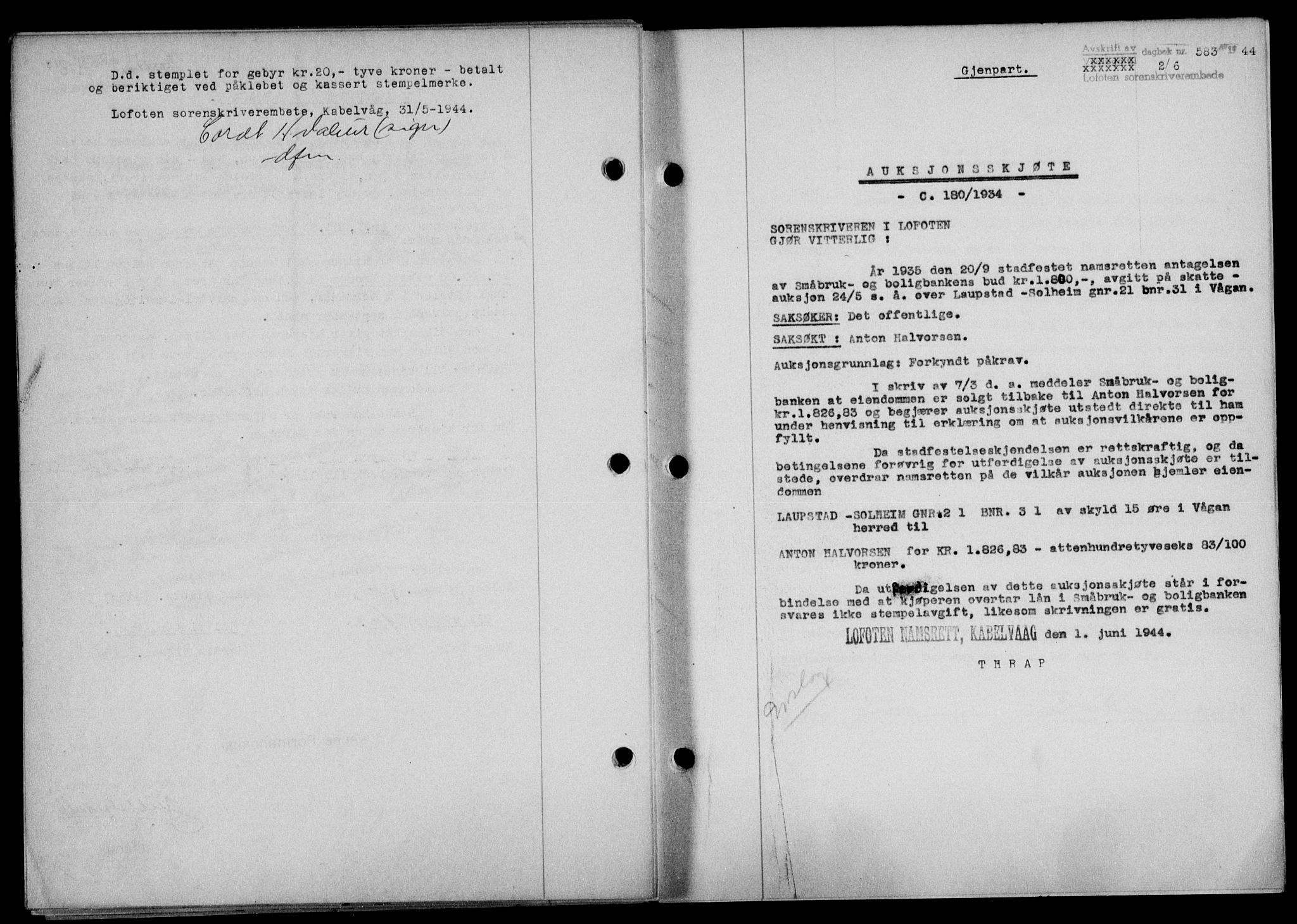 Lofoten sorenskriveri, SAT/A-0017/1/2/2C/L0012a: Mortgage book no. 12a, 1943-1944, Diary no: : 583/1944