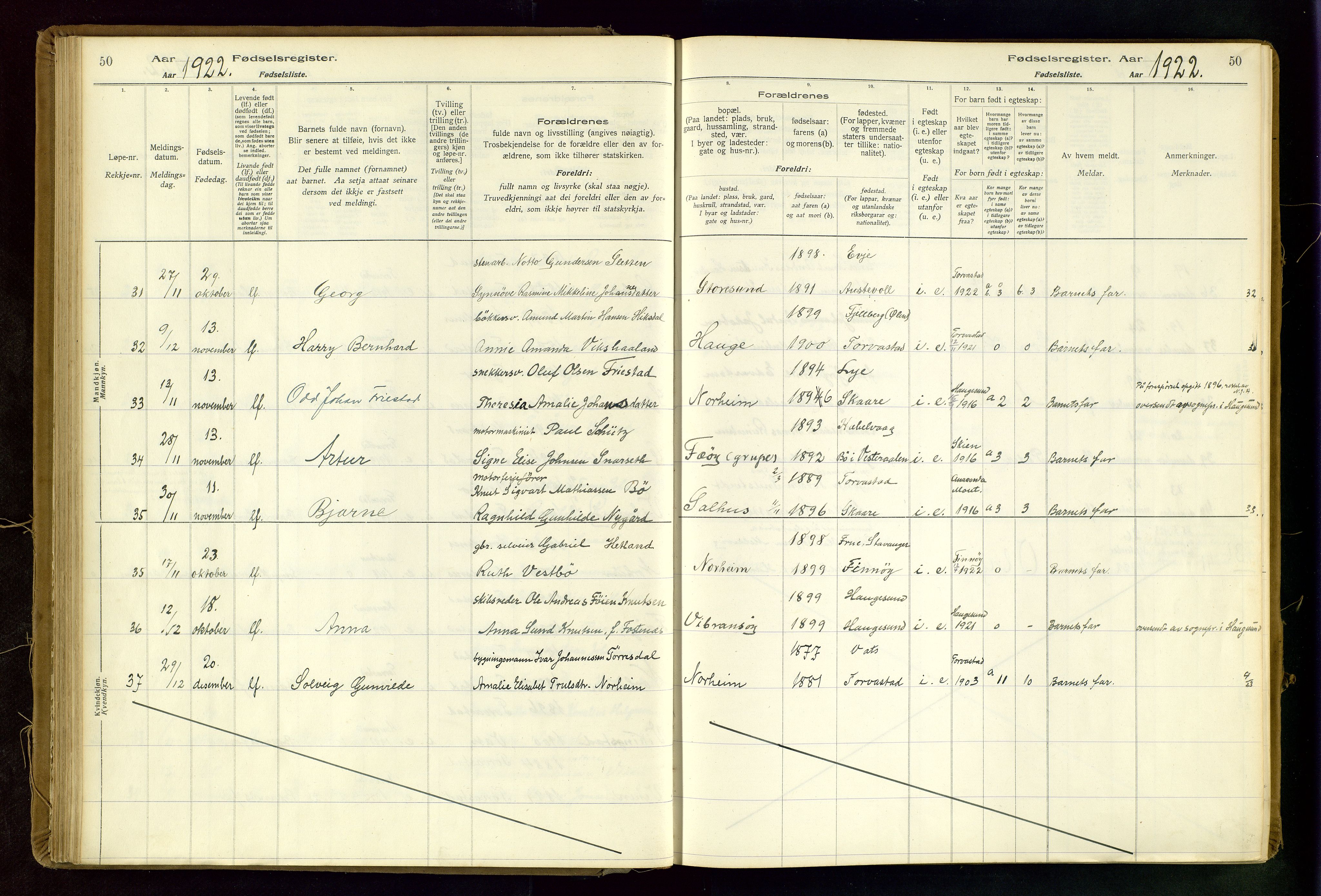 Torvastad sokneprestkontor, AV/SAST-A -101857/I/Id/L0002: Birth register no. 2, 1916-1950, p. 50