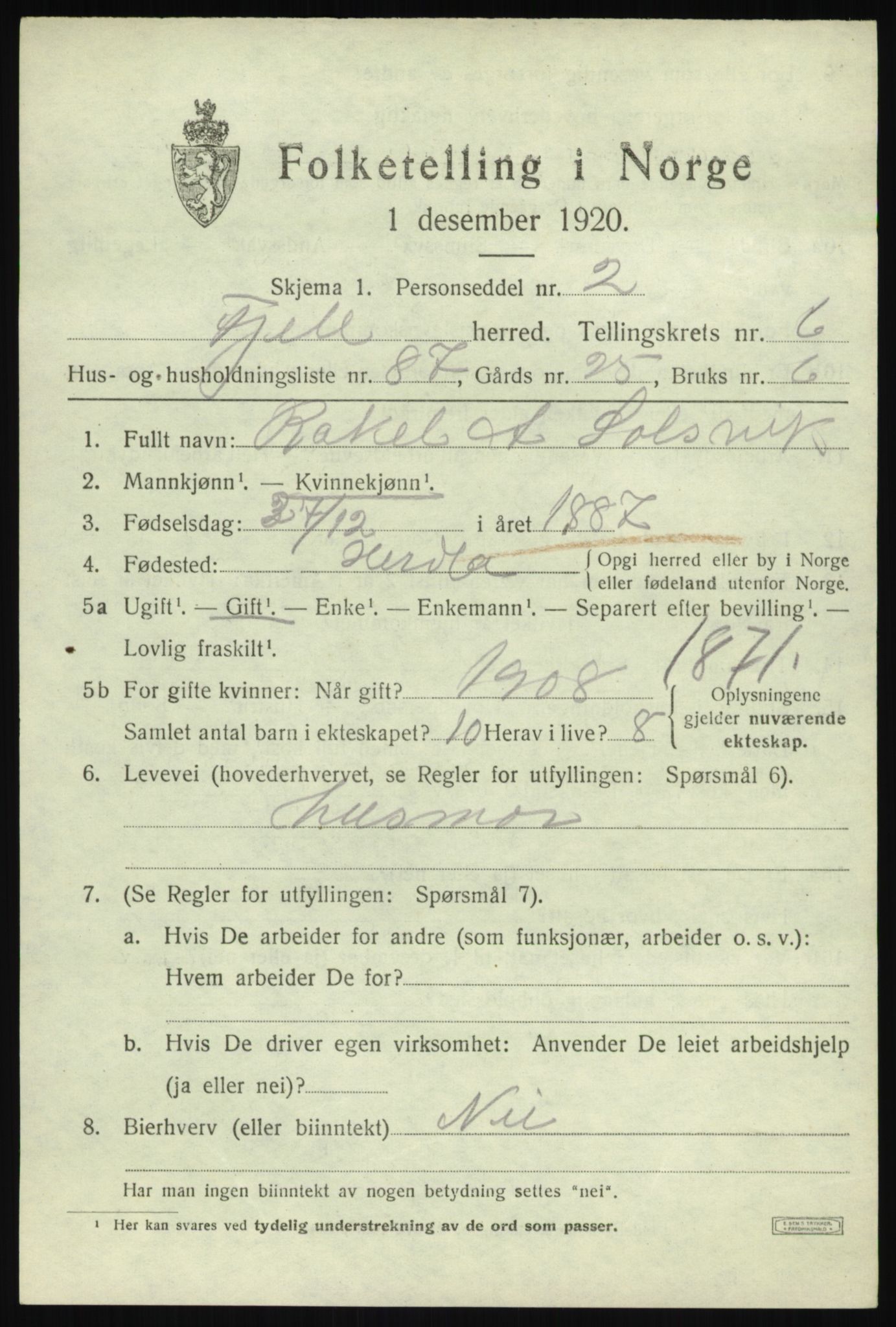 SAB, 1920 census for Fjell, 1920, p. 6384