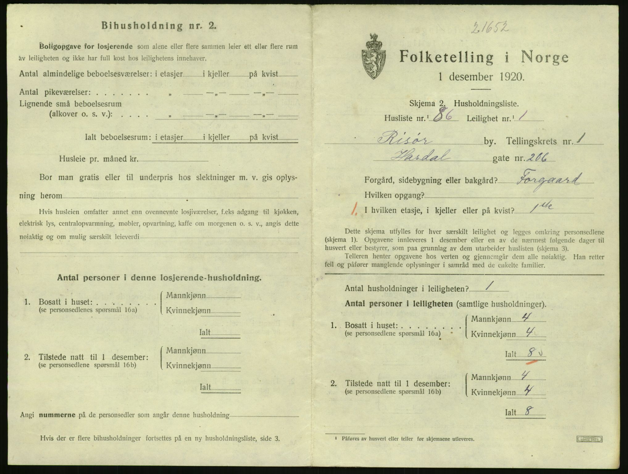 SAK, 1920 census for Risør, 1920, p. 1553