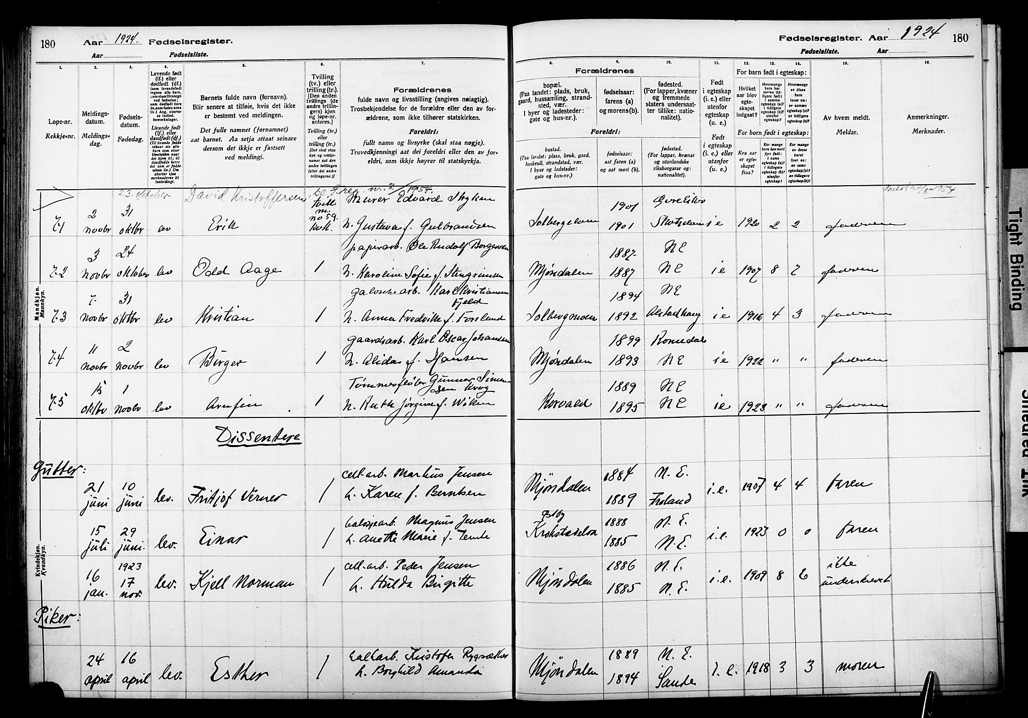 Nedre Eiker kirkebøker, AV/SAKO-A-612/J/Ja/L0001: Birth register no. 1, 1916-1925, p. 180