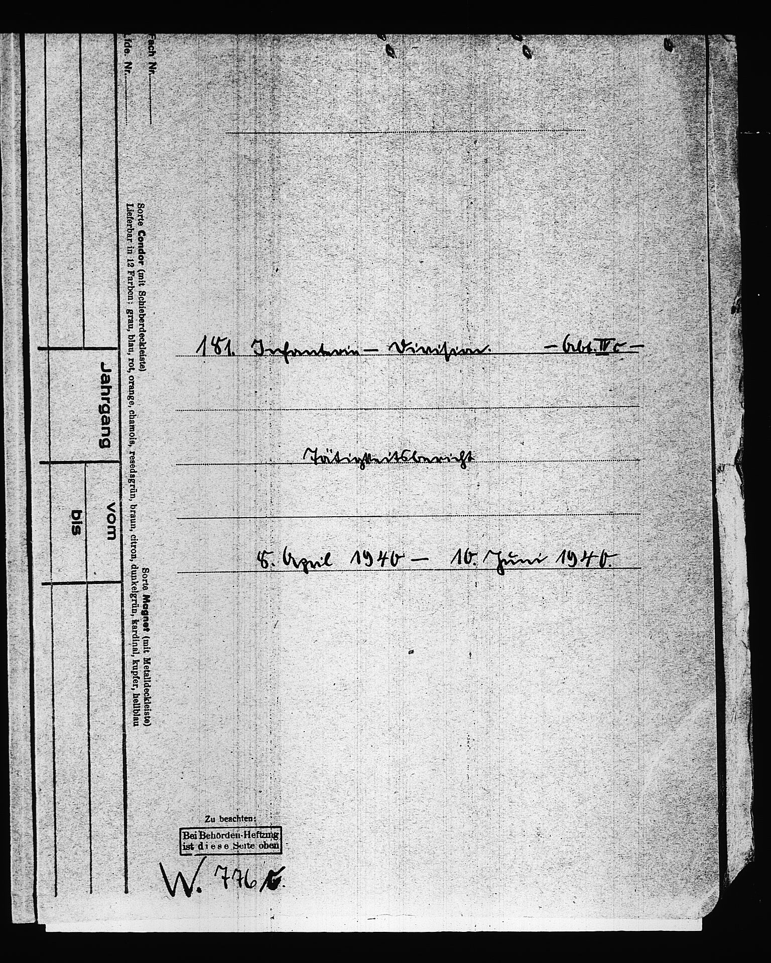 Documents Section, RA/RAFA-2200/V/L0087: Amerikansk mikrofilm "Captured German Documents".
Box No. 726.  FKA jnr. 601/1954., 1940, p. 275