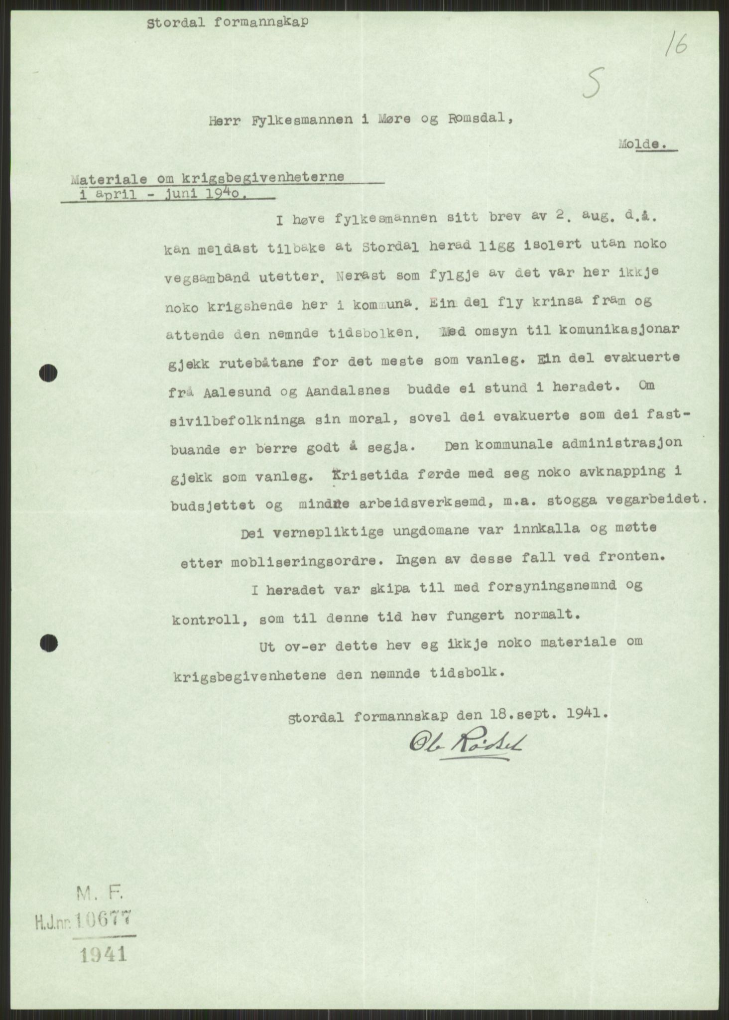 Forsvaret, Forsvarets krigshistoriske avdeling, AV/RA-RAFA-2017/Y/Ya/L0015: II-C-11-31 - Fylkesmenn.  Rapporter om krigsbegivenhetene 1940., 1940, p. 771