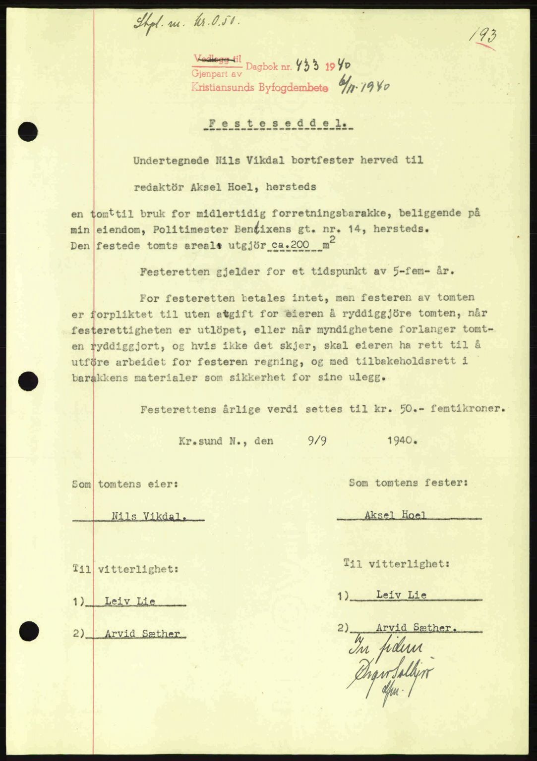 Kristiansund byfogd, AV/SAT-A-4587/A/27: Mortgage book no. 33, 1939-1941, Diary no: : 433/1940