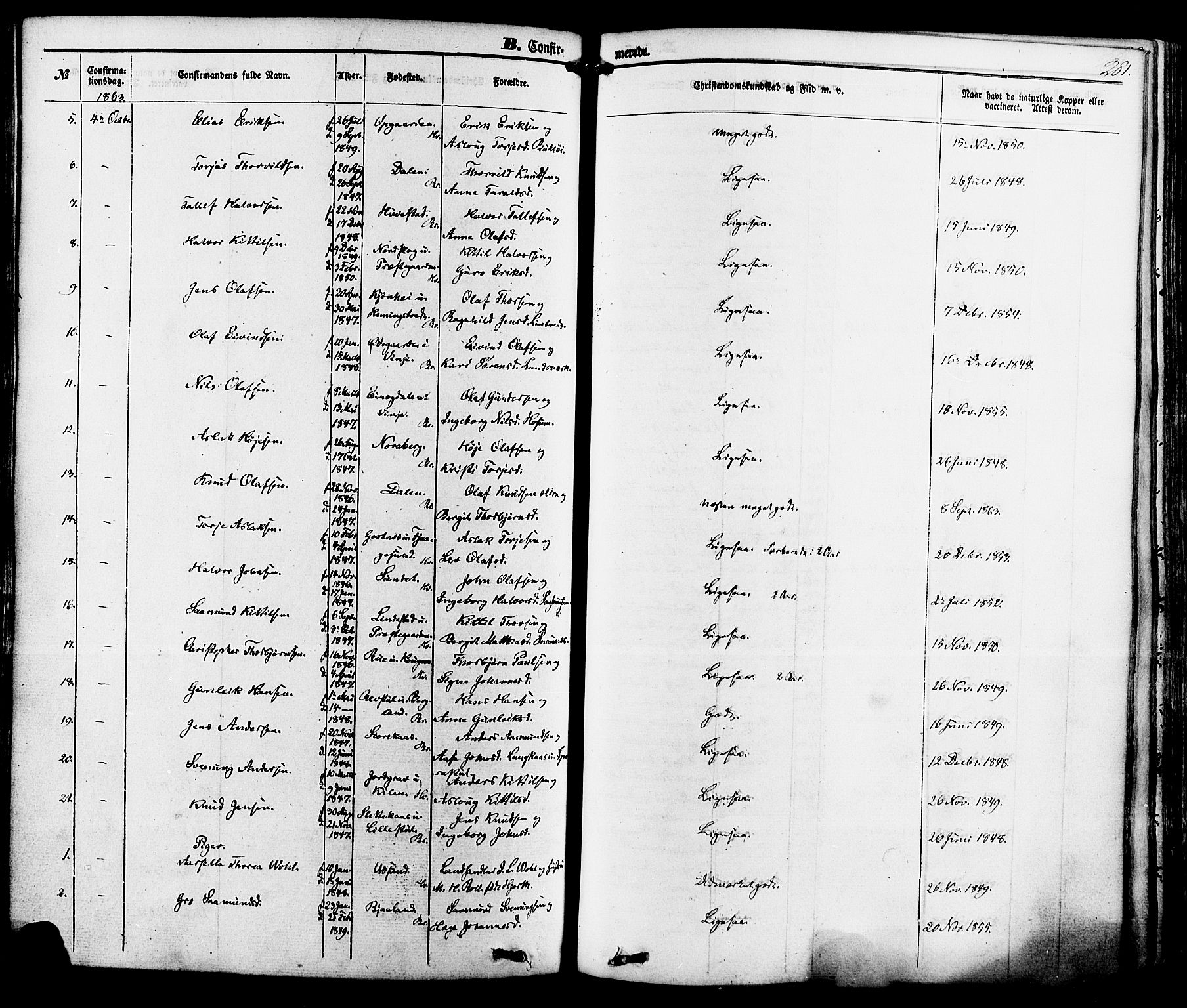 Kviteseid kirkebøker, SAKO/A-276/F/Fa/L0007: Parish register (official) no. I 7, 1859-1881, p. 281