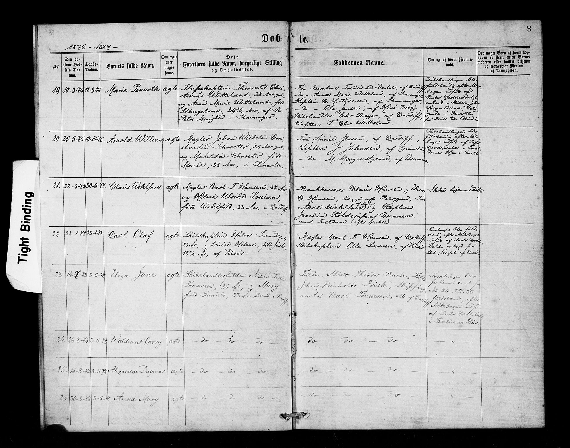 Den norske sjømannsmisjon i utlandet/Bristolhavnene(Cardiff-Swansea), SAB/SAB/PA-0102/H/Ha/Haa/L0001: Parish register (official) no. A 1, 1866-1887, p. 8